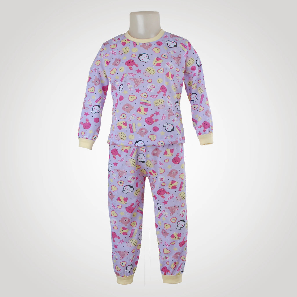 Pijama Longo Feminino Infantil - Estampa Animais Lilás e Amarelo - 024004