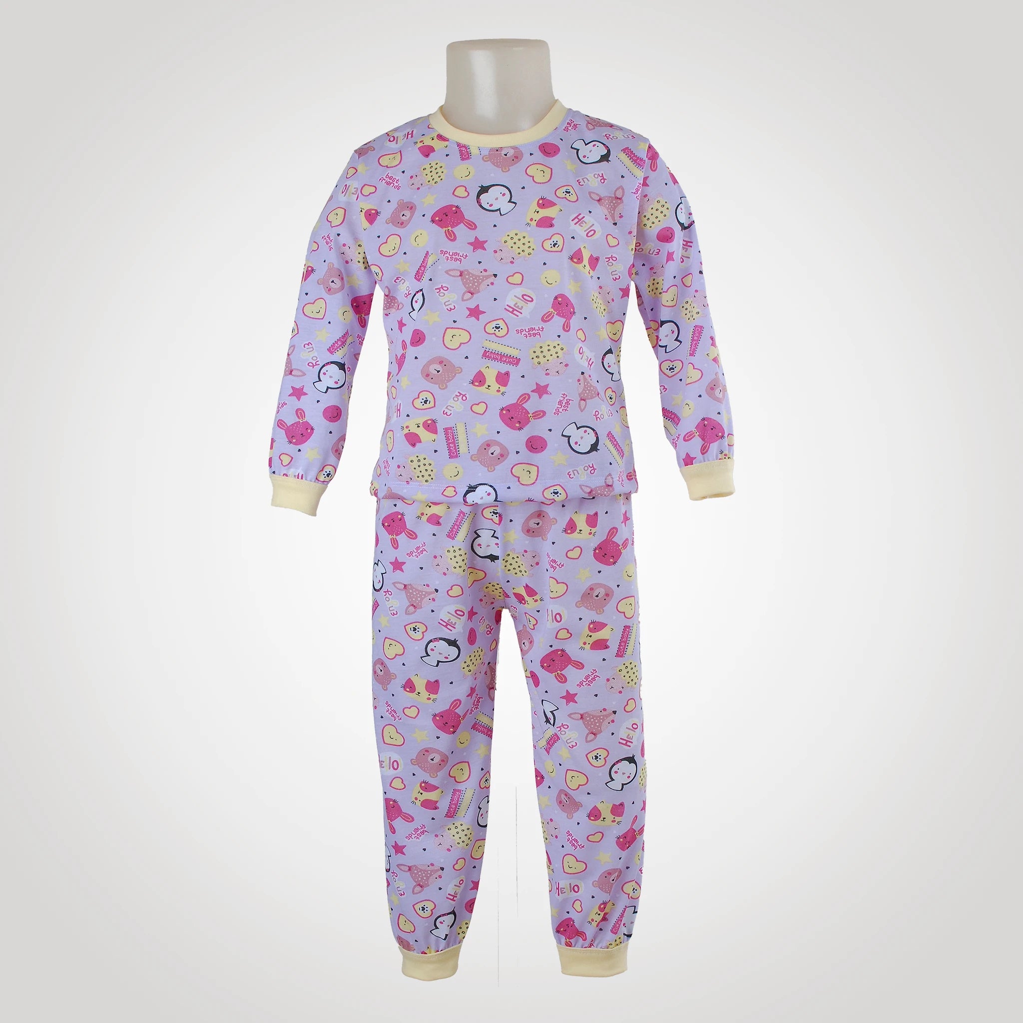 Pijama Longo Feminino Infantil - Estampa Animais Lilás e Amarelo - 024004