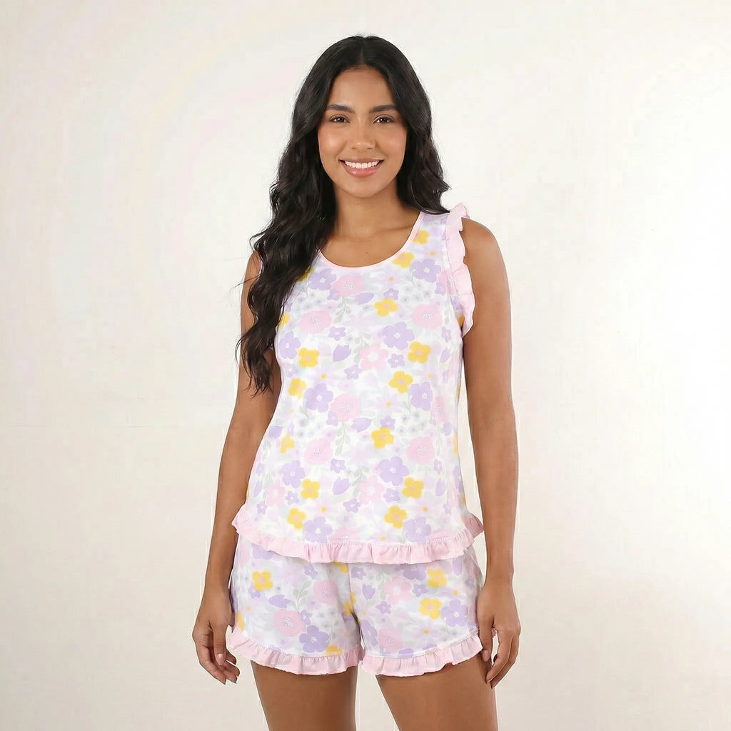 Pijama Regata Feminino Adulto Babado Estampado Floral Bold 00103