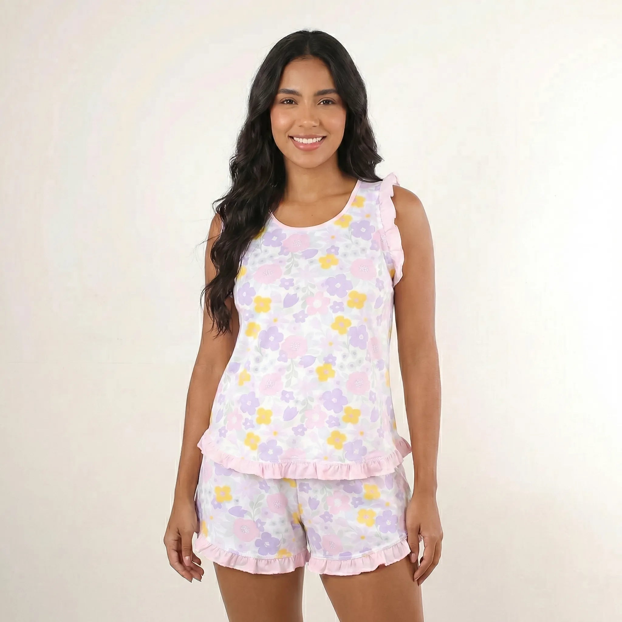Pijama Regata Feminino Adulto Babado Estampado Floral Bold 00103