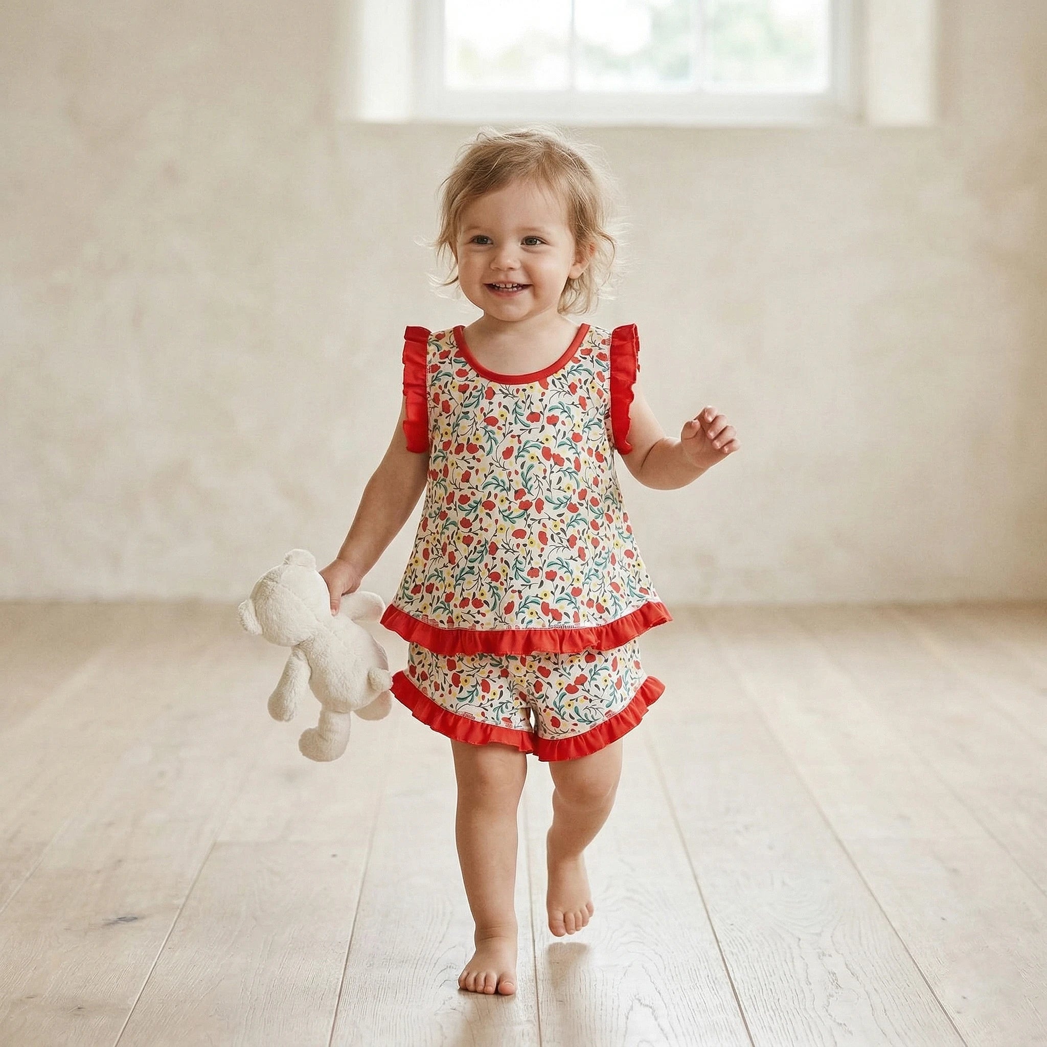 Pijama Regata Feminino Infantil - Estampa Floral vermelho - 023001