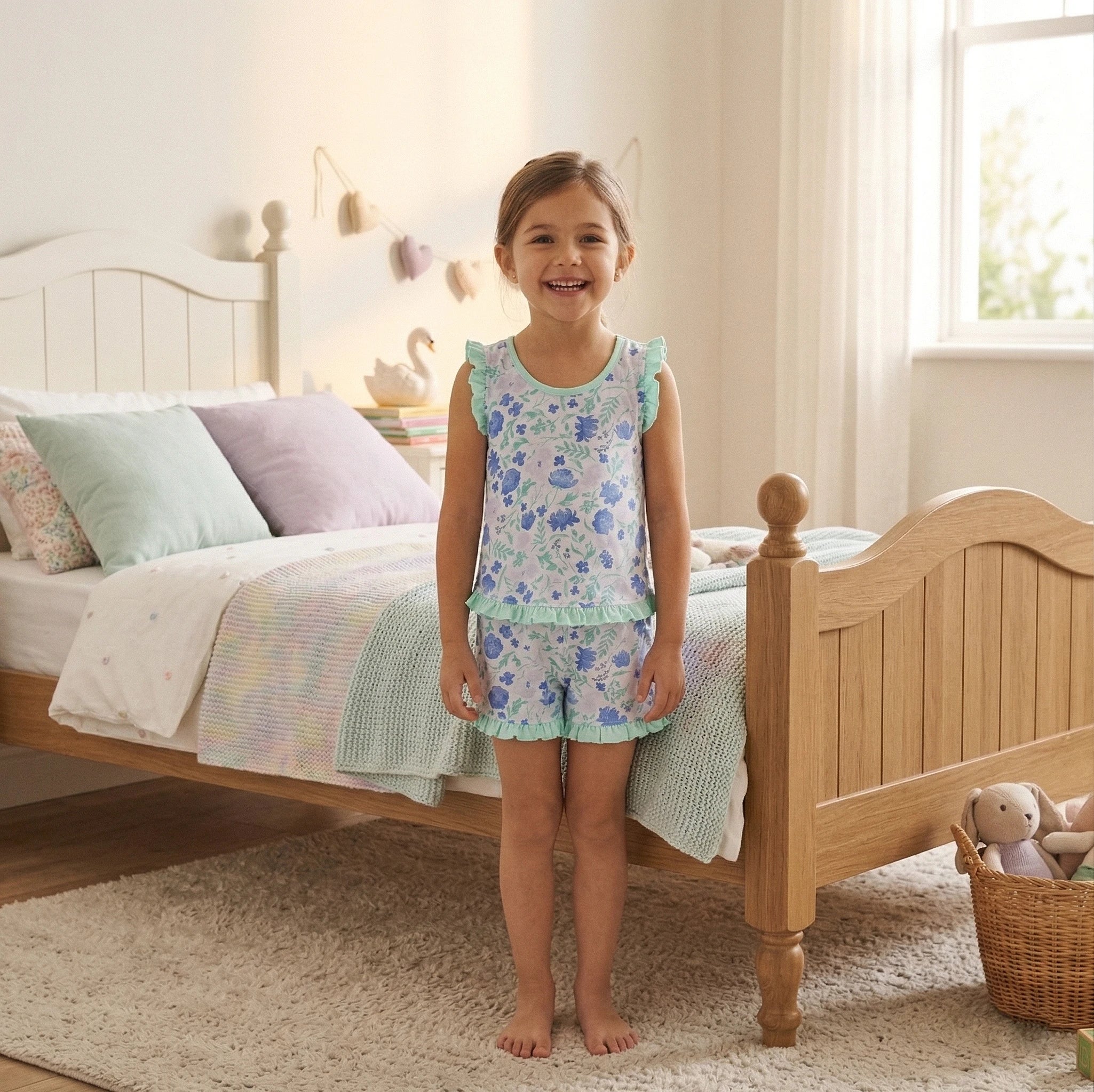 Pijama Regata Feminino Infantil - Estampa Floral Verde - 023017