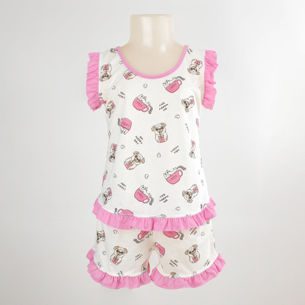 Pijama Regata Feminino Infantil - Estampa Cachorrinho Pug Rosa - 023002