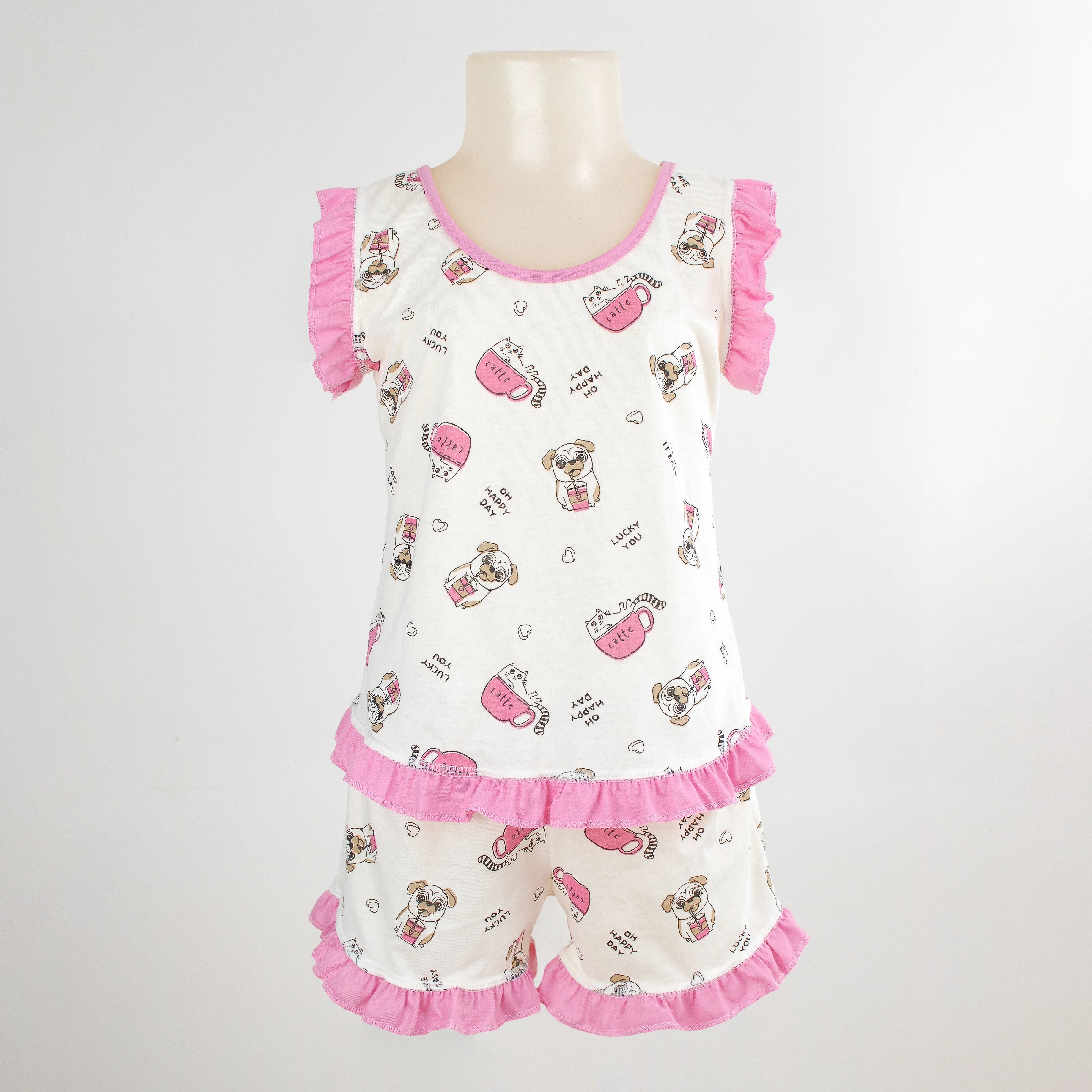 Pijama Regata Feminino Infantil - Estampa Cachorrinho Pug Rosa - 023002
