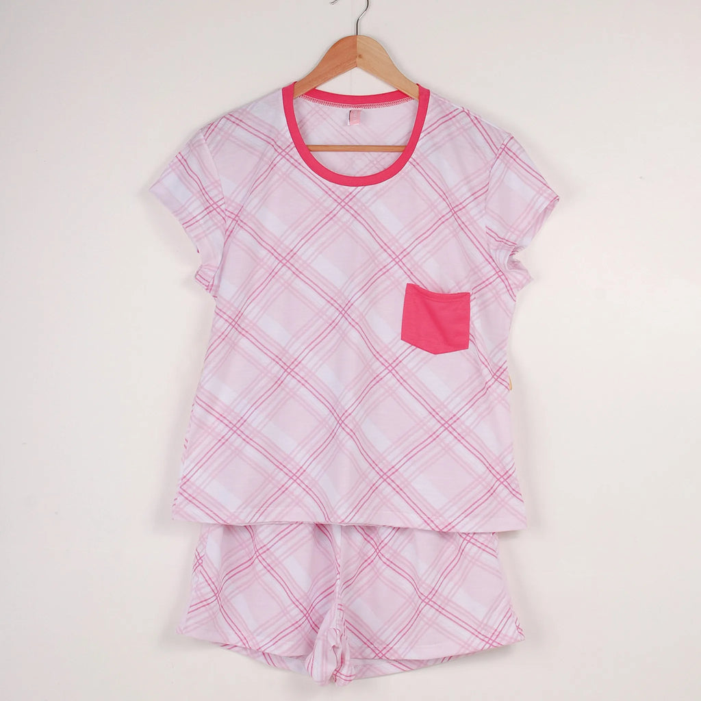 Pijama Camiseta Fem. Adulto Bolso - Xadrez Rosa - 00818