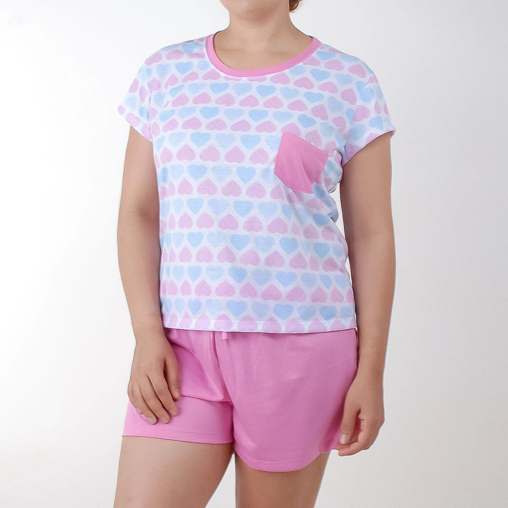 Pijama Camiseta Fem. Adulto Bolso - Corações Azul e Rosa - 00805