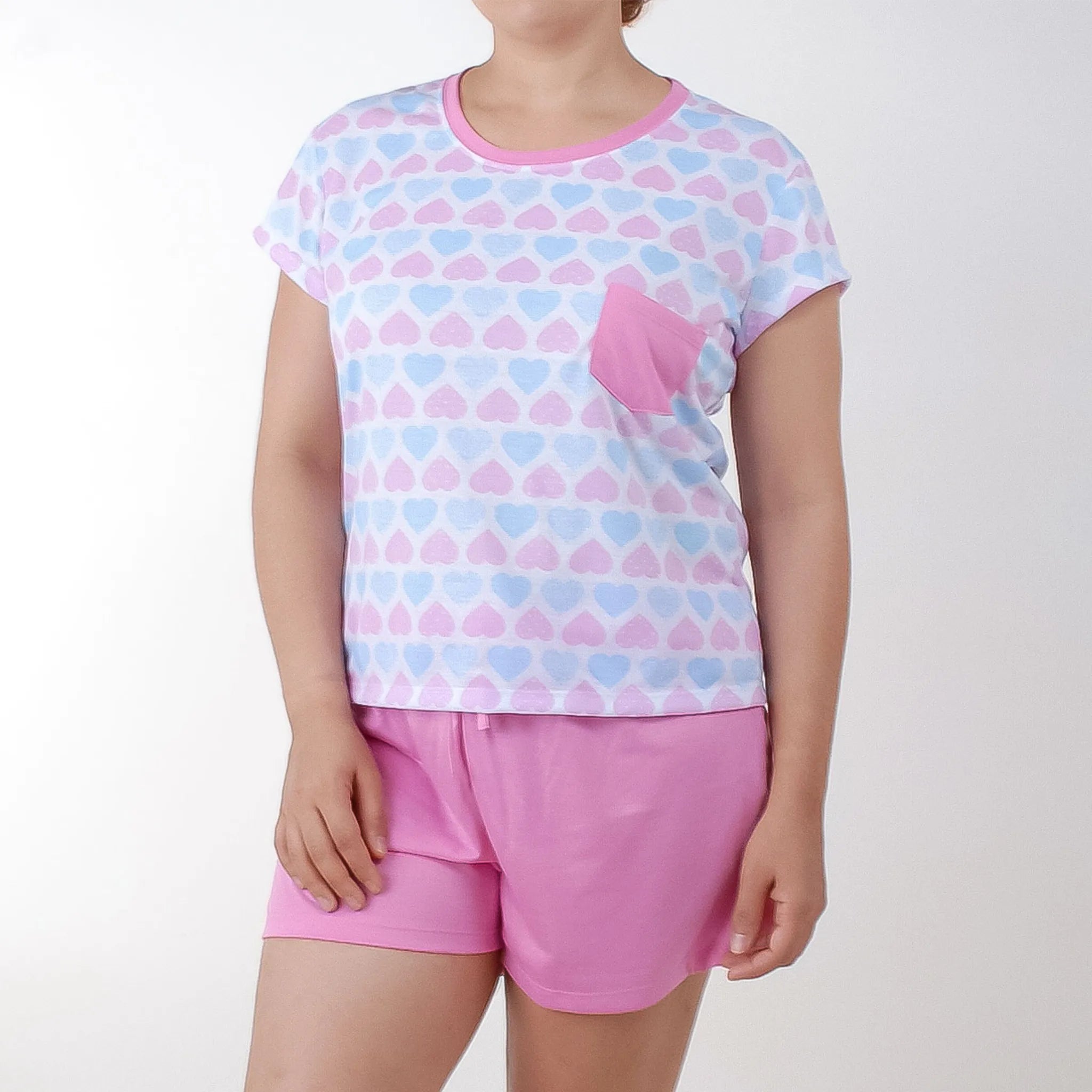 Pijama Camiseta Fem. Adulto Bolso - Corações Azul e Rosa - 00805