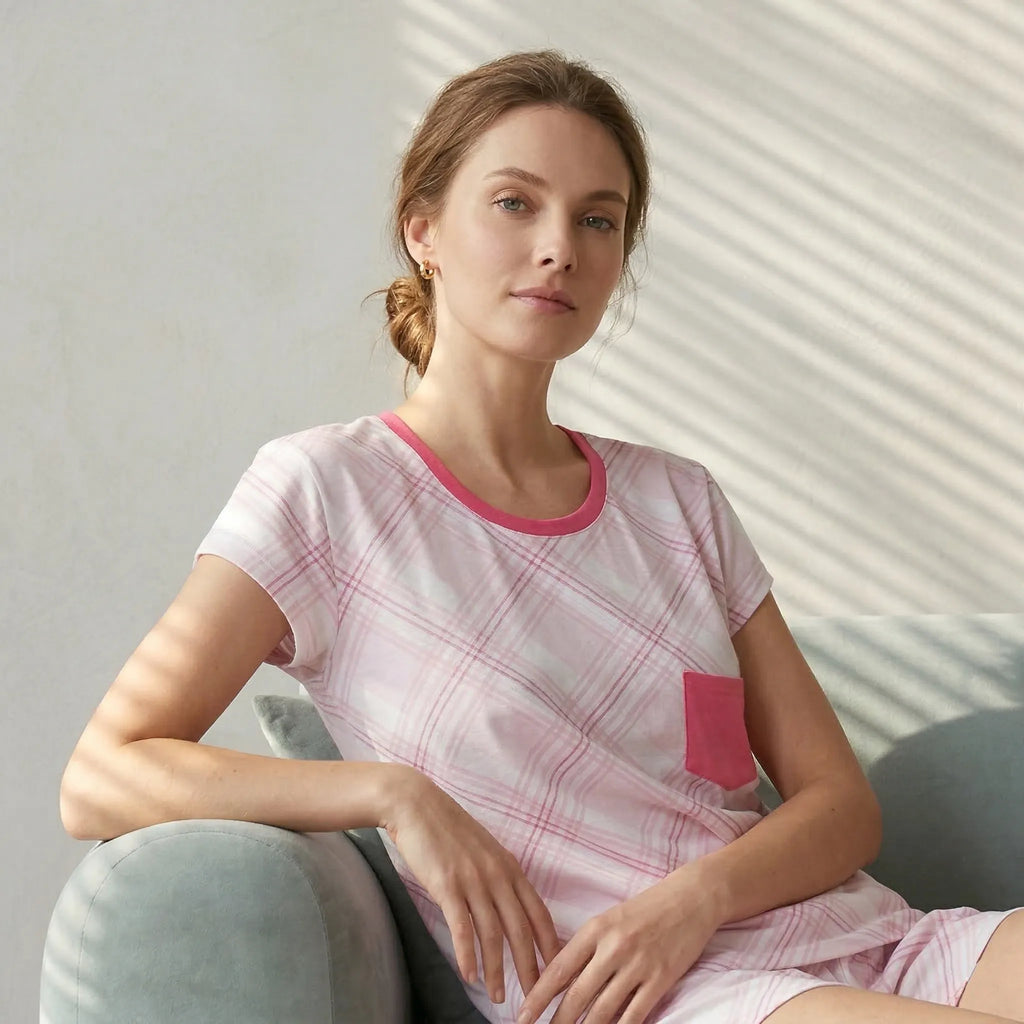 Pijama Camiseta Fem. Adulto Bolso - Xadrez Rosa - 00818