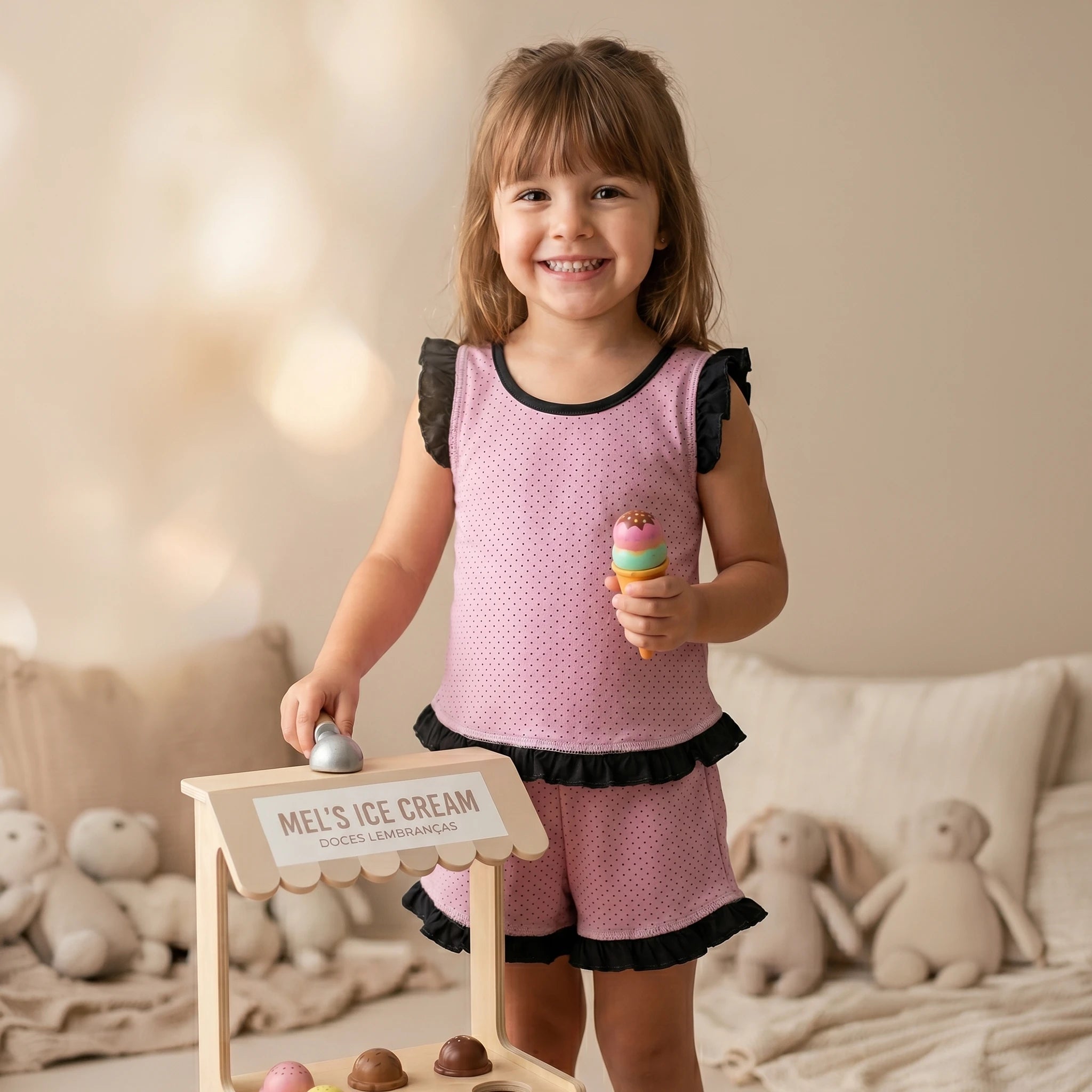 Pijama Regata Feminino Infantil - Poá Rosa Seco - 023022