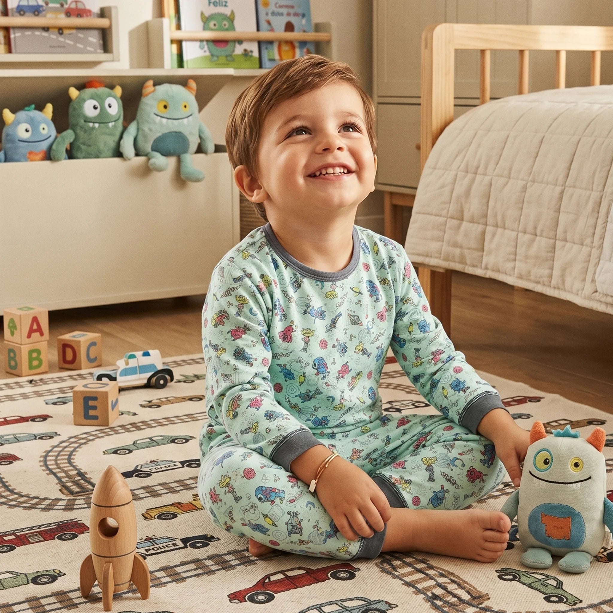 Pijama Longo Masculino Infantil - Estampa Extra-Terrestres Verde - 028009