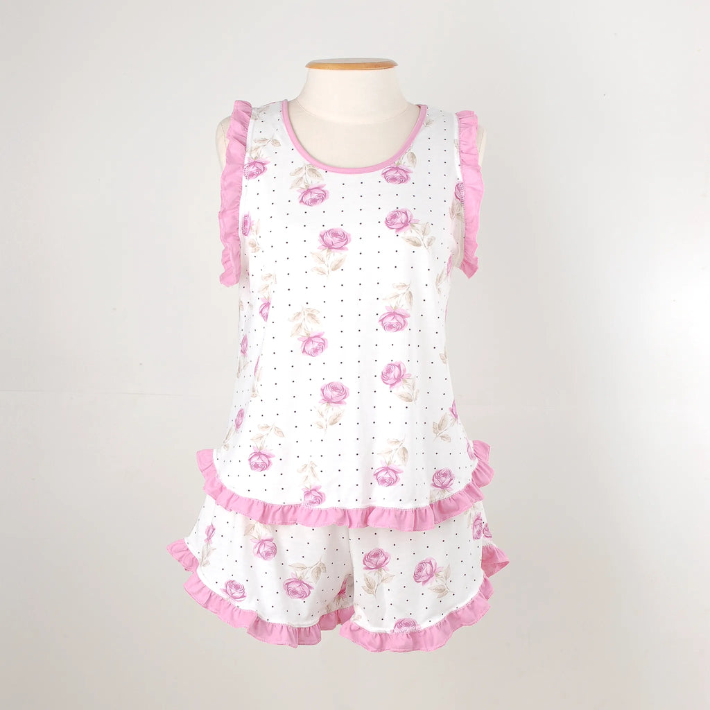 Pijama Regata Feminino Adulto Babado Rosas 00101