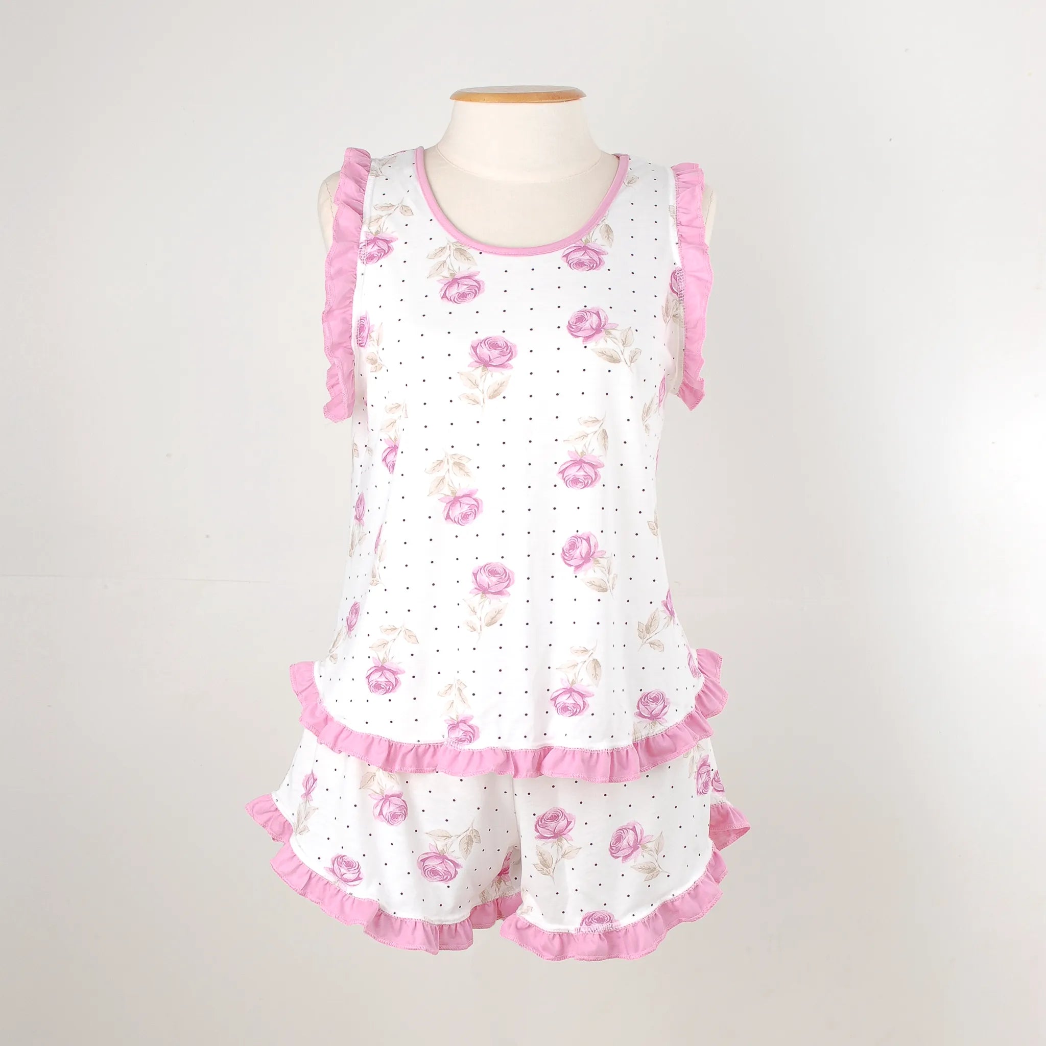 Pijama Regata Feminino Adulto Babado Rosas 00101