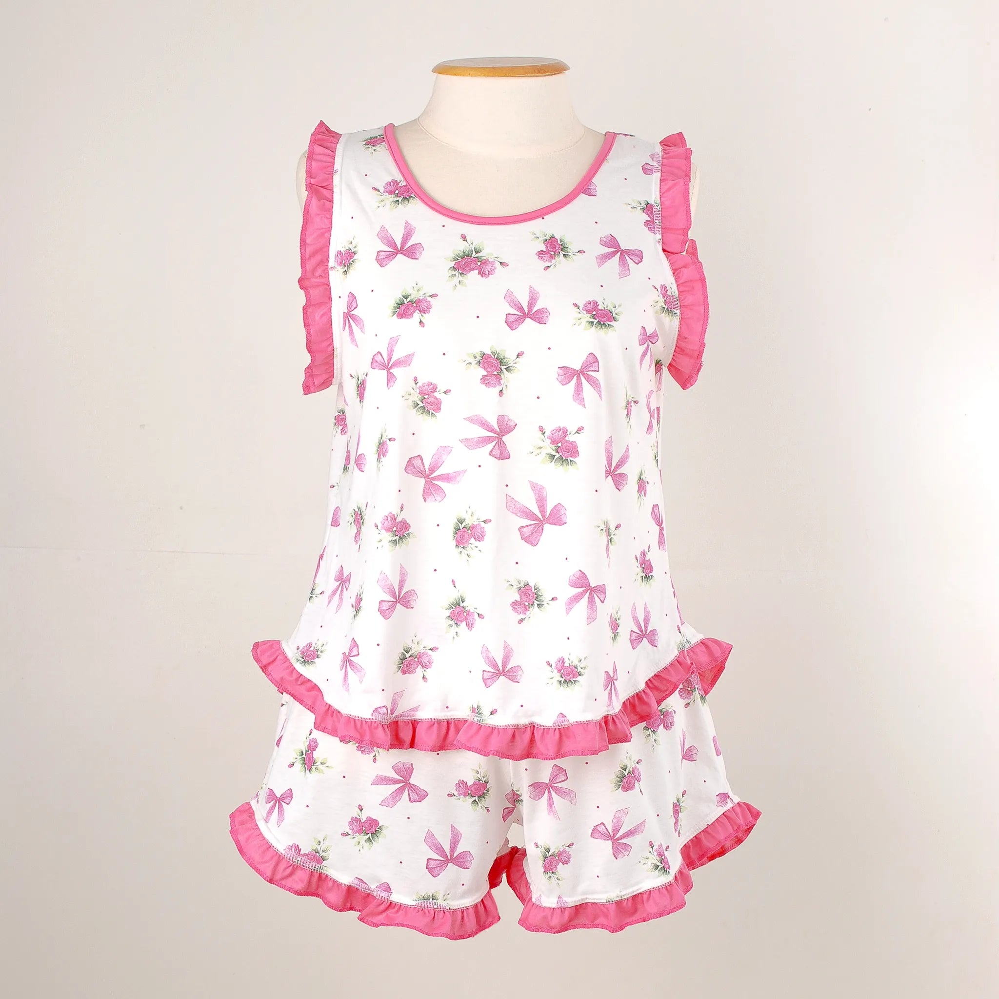 Pijama Regata Feminino Adulto Babado Estampado - Floral Laços Pink 00107