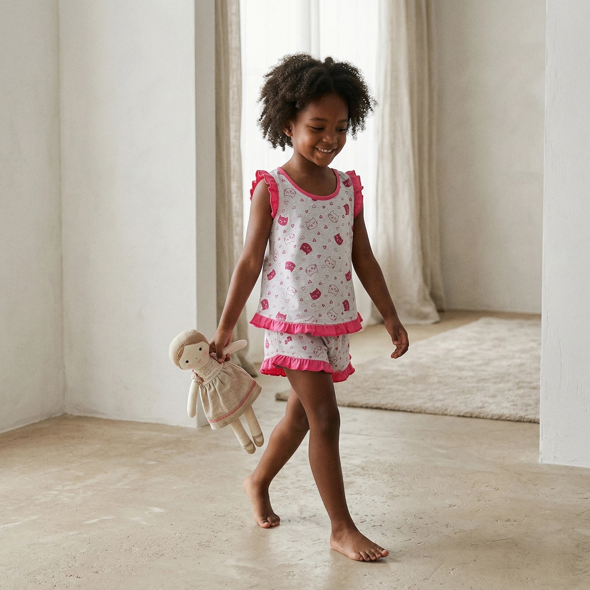 Pijama Regata Feminino Infantil - Estampa Gatinhos Cinza e Pink - 023018