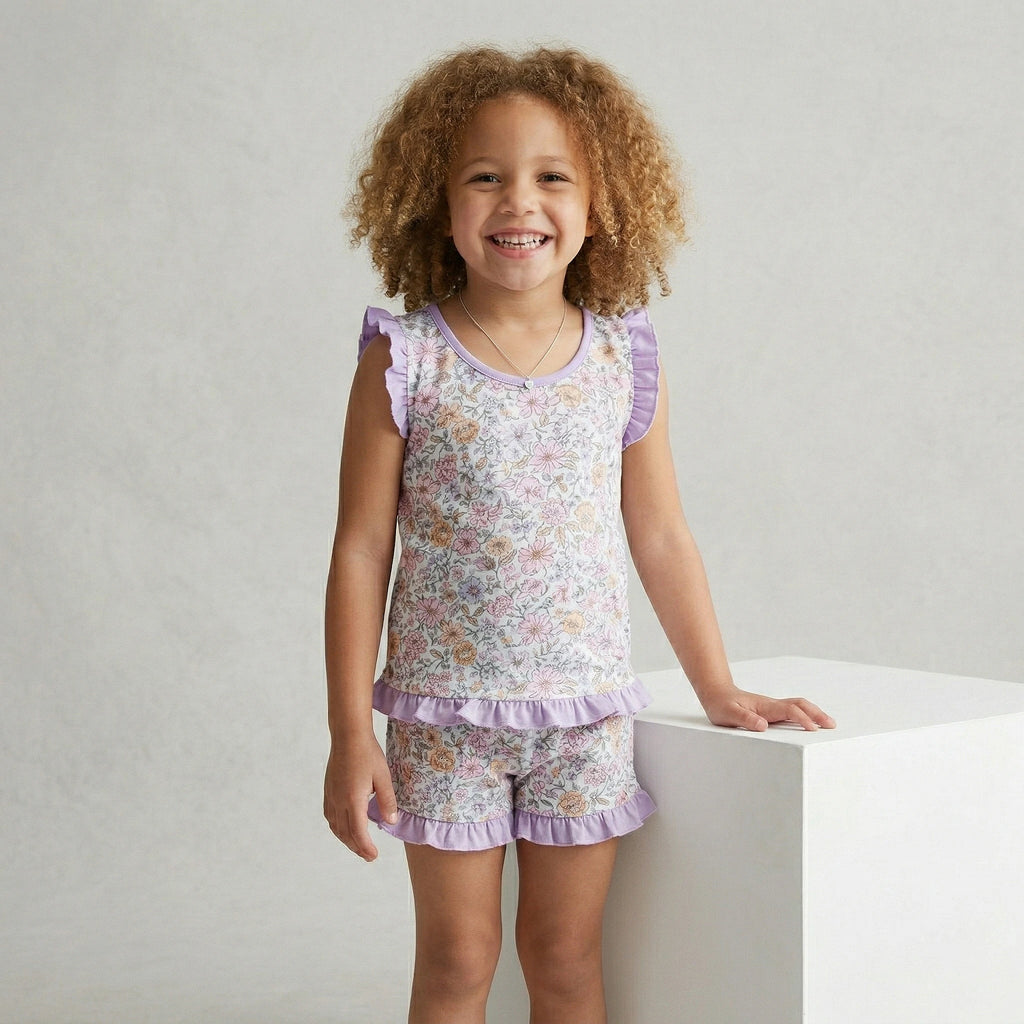 Pijama Regata Feminino Infantil - Estampa Floral Lilás - 023015