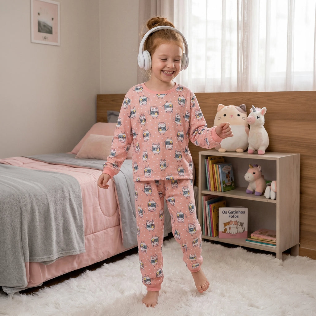 Pijama Longo Feminino Infantil - Estampa Gatinhos Detox - 024008