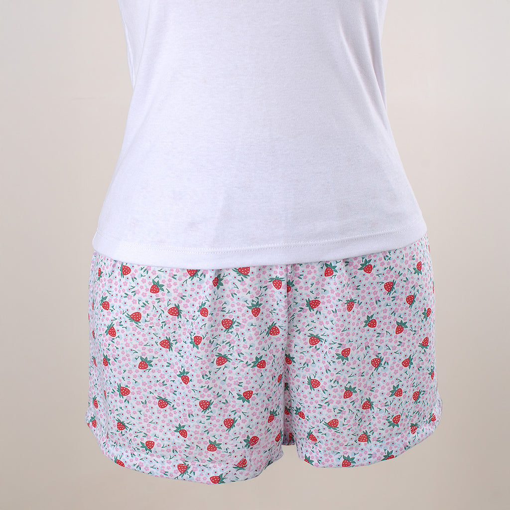 Pijama feminino curto regata bordado morango de algodão
