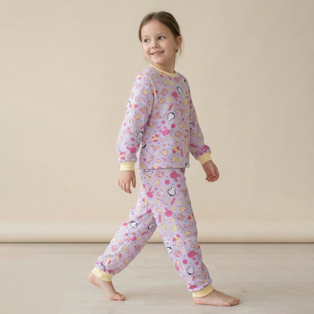 Pijama Longo Feminino Infantil - Estampa Animais Lilás e Amarelo - 024004