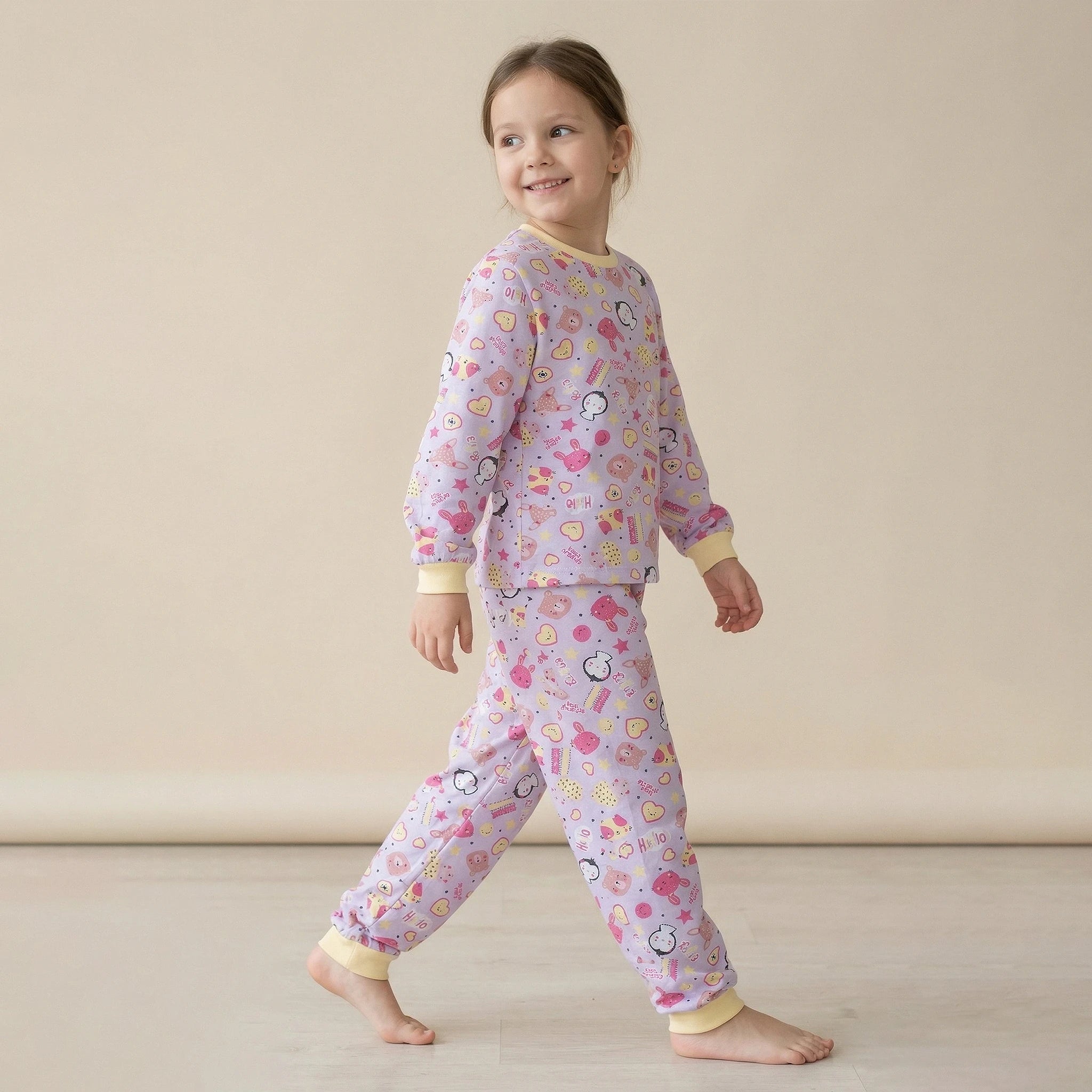 Pijama Longo Feminino Infantil - Estampa Animais Lilás e Amarelo - 024004