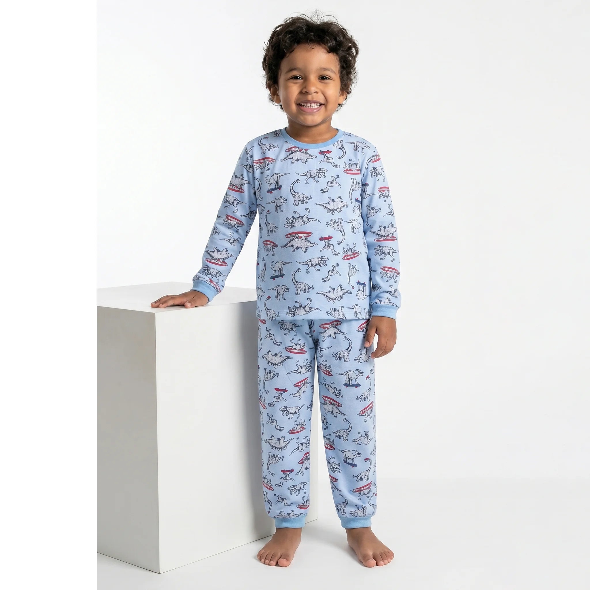 Pijama Longo Masculino Infantil - Estampa Dinossauros Azul - 028008