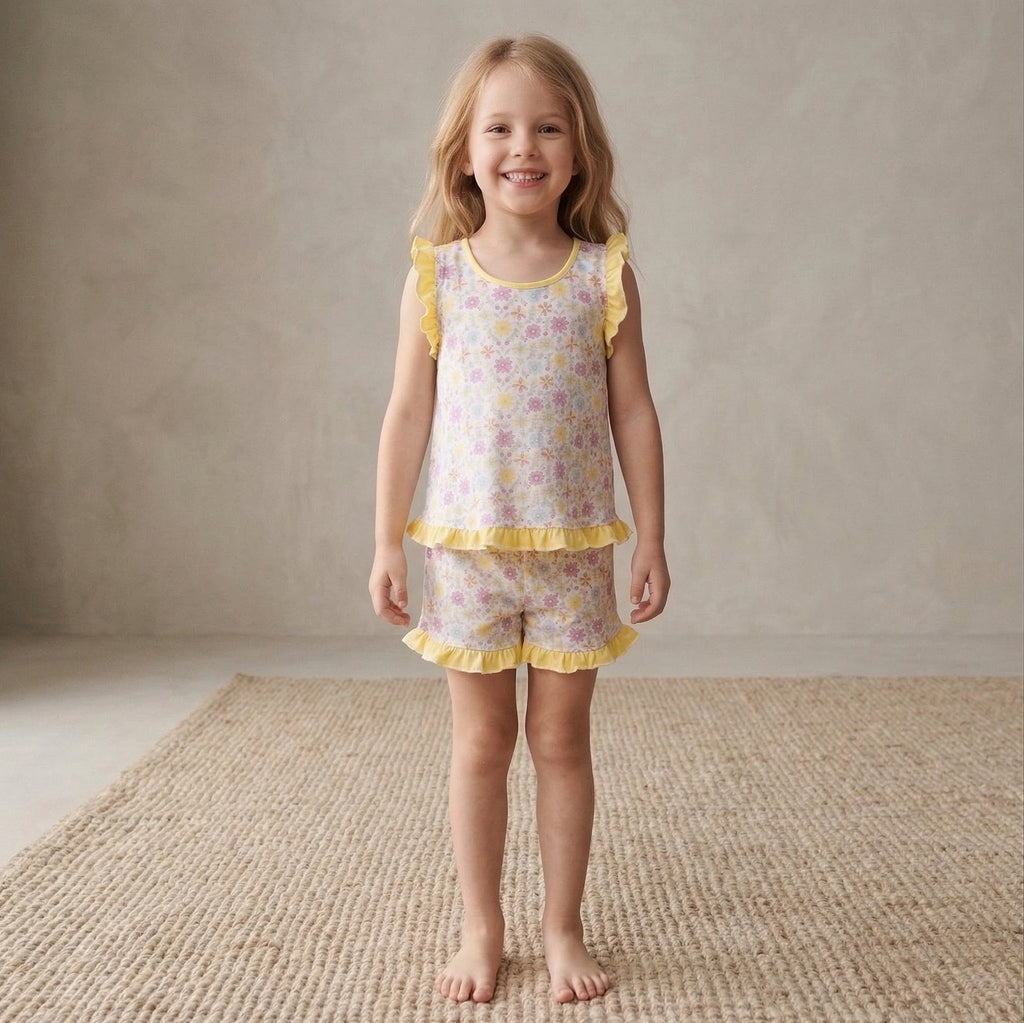 Pijama Regata Feminino Infantil - Estampa Floral Amarelo - 023013