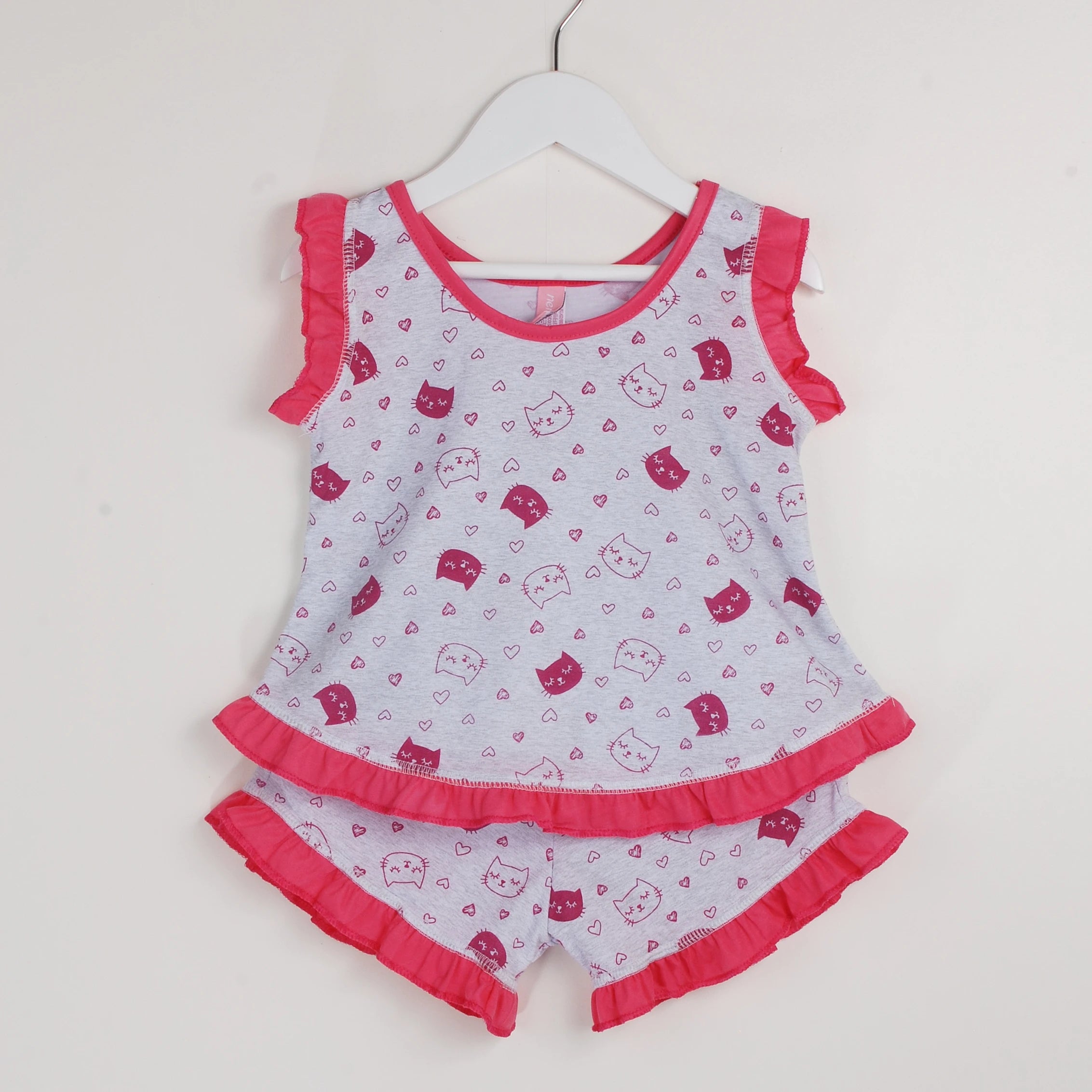 Pijama Regata Feminino Infantil - Estampa Gatinhos Cinza e Pink - 023018