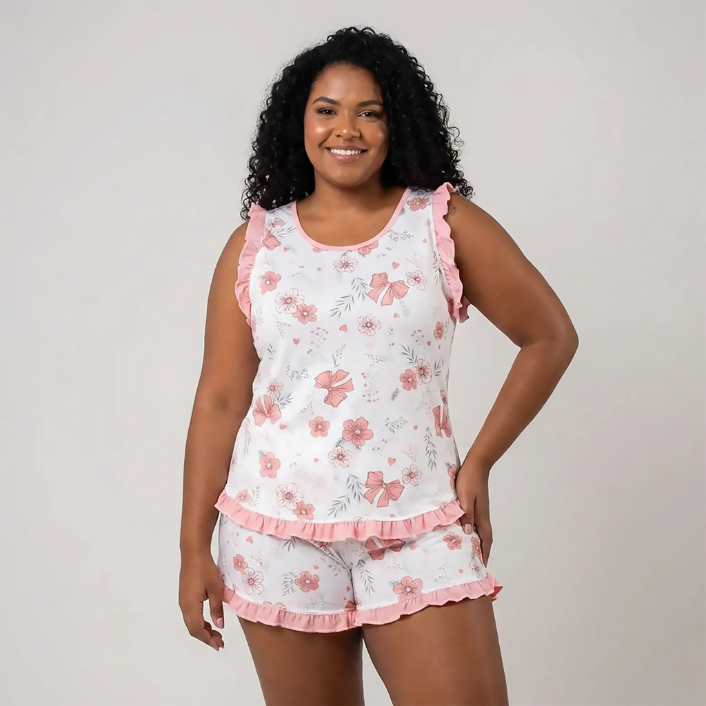 Pijama Regata Feminino Adulto Babado Estampado Floral Laços Salmão 00106