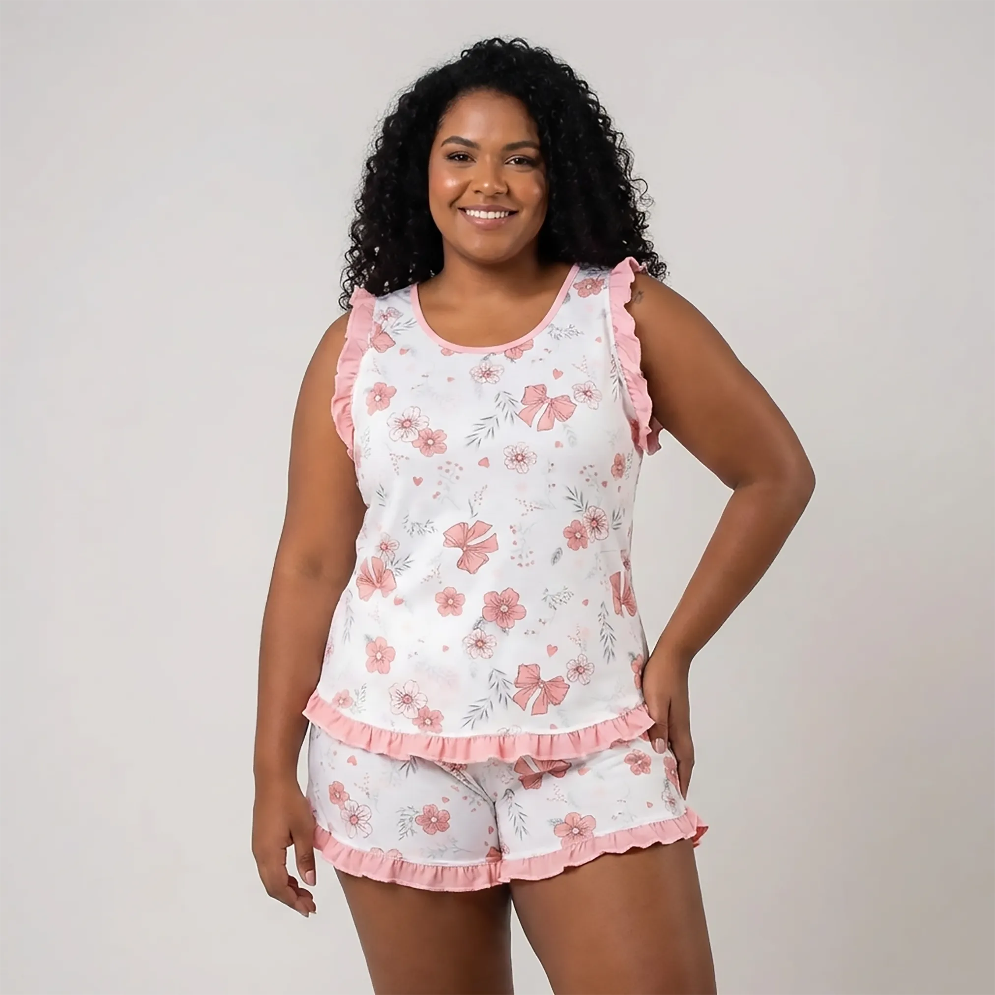 Pijama Regata Feminino Adulto Babado Estampado Floral Laços Salmão 00106