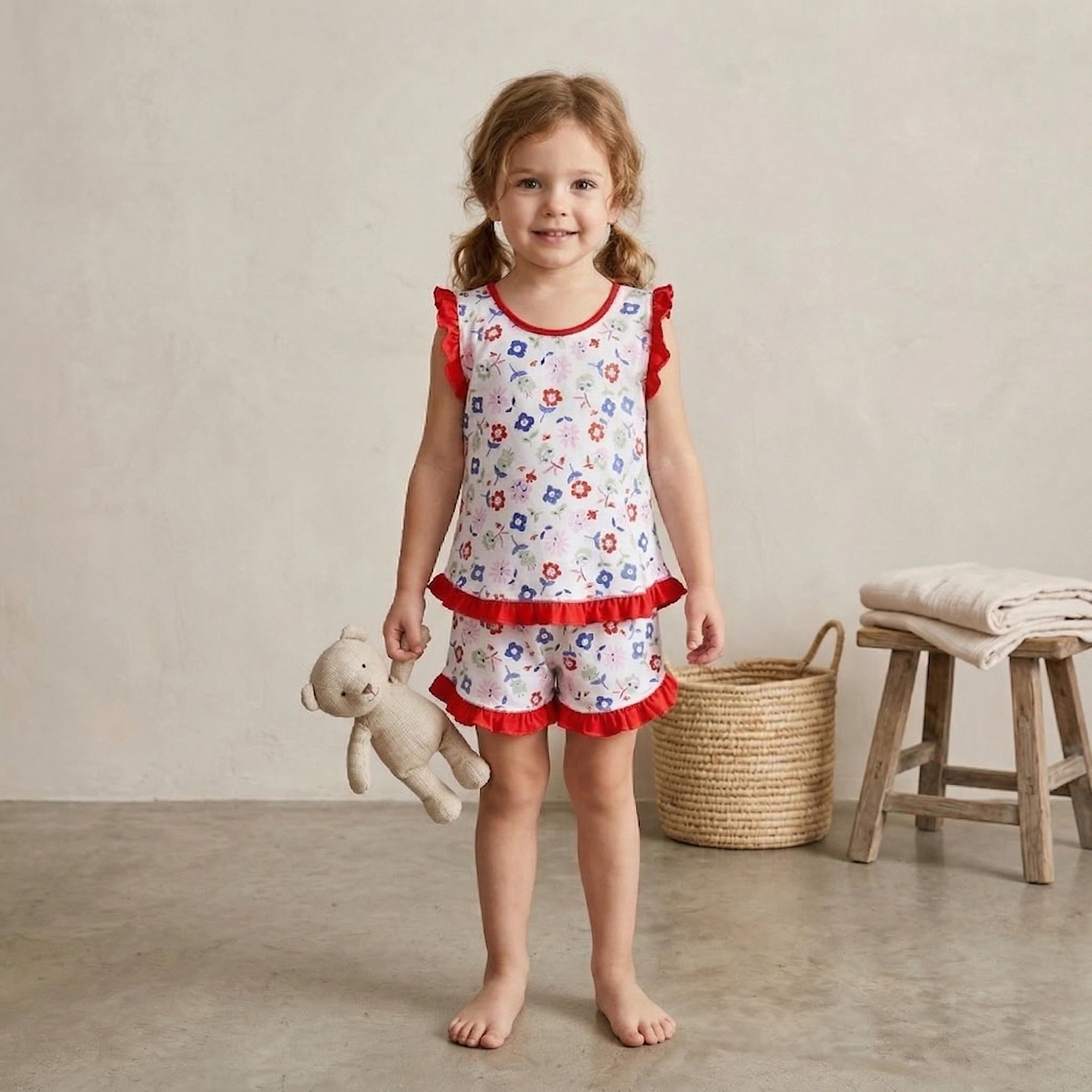 Pijama Regata Feminino Infantil - Estampa Floral Emoji Vermelho - 023014