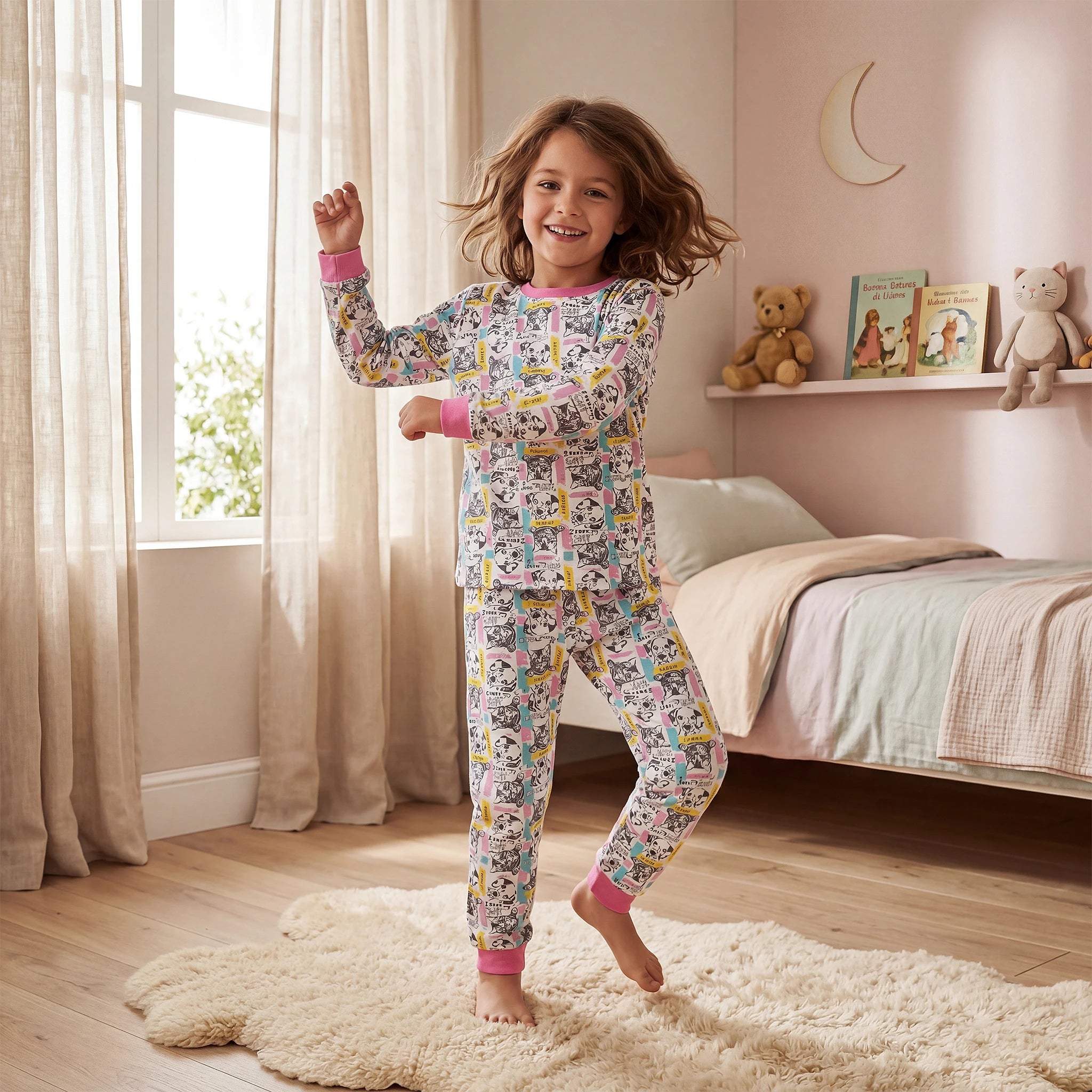 Pijama Longo Feminino Infantil - Estampa Cachorros e Gatos - 024007