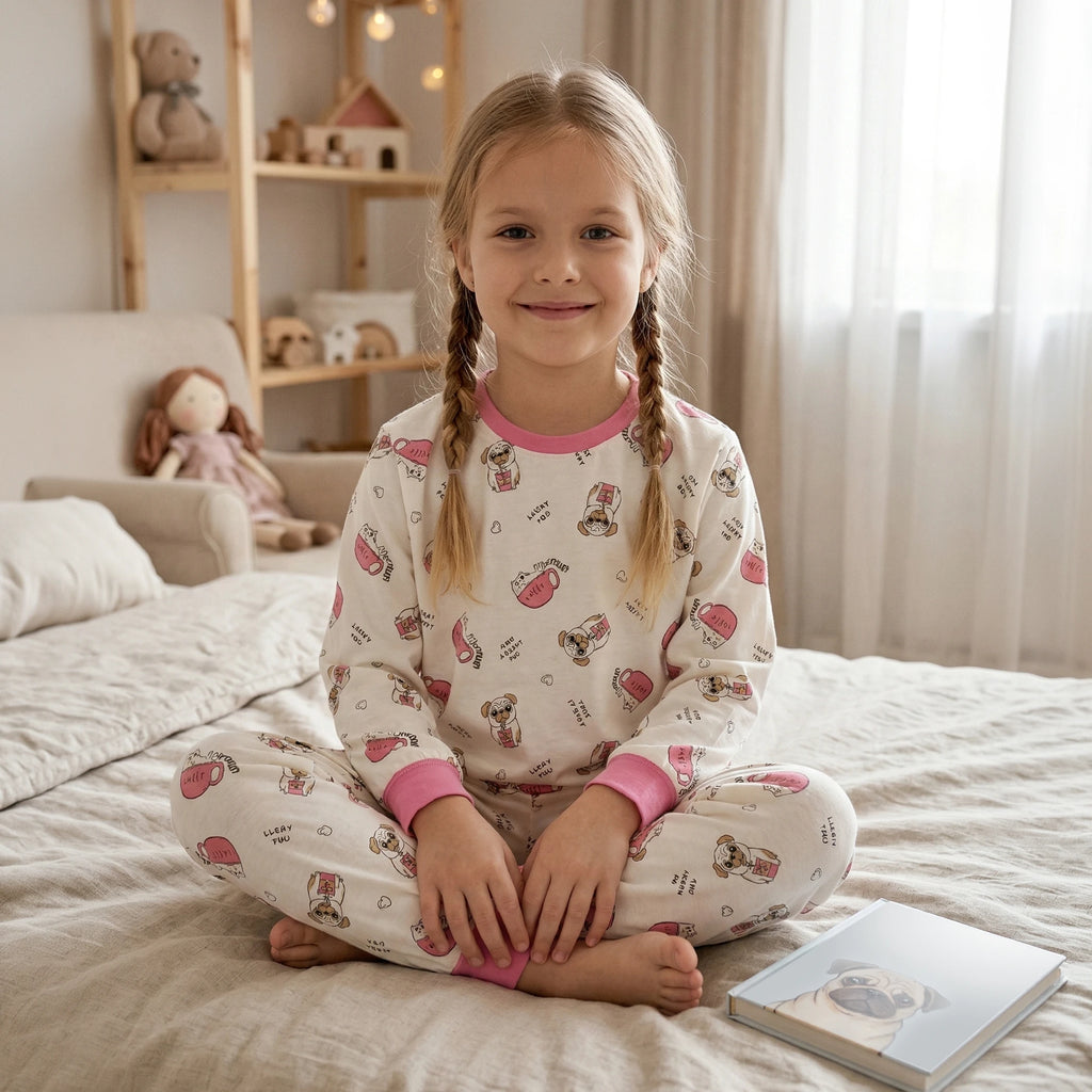 Pijama Longo Feminino Infantil - Estampa Cachorrinho Pug Rosa - 024001