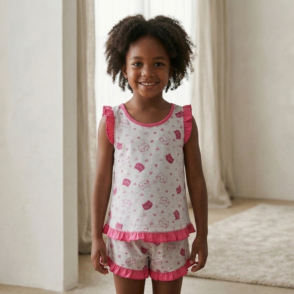 Pijama Regata Feminino Infantil - Estampa Gatinhos Cinza e Pink - 023018