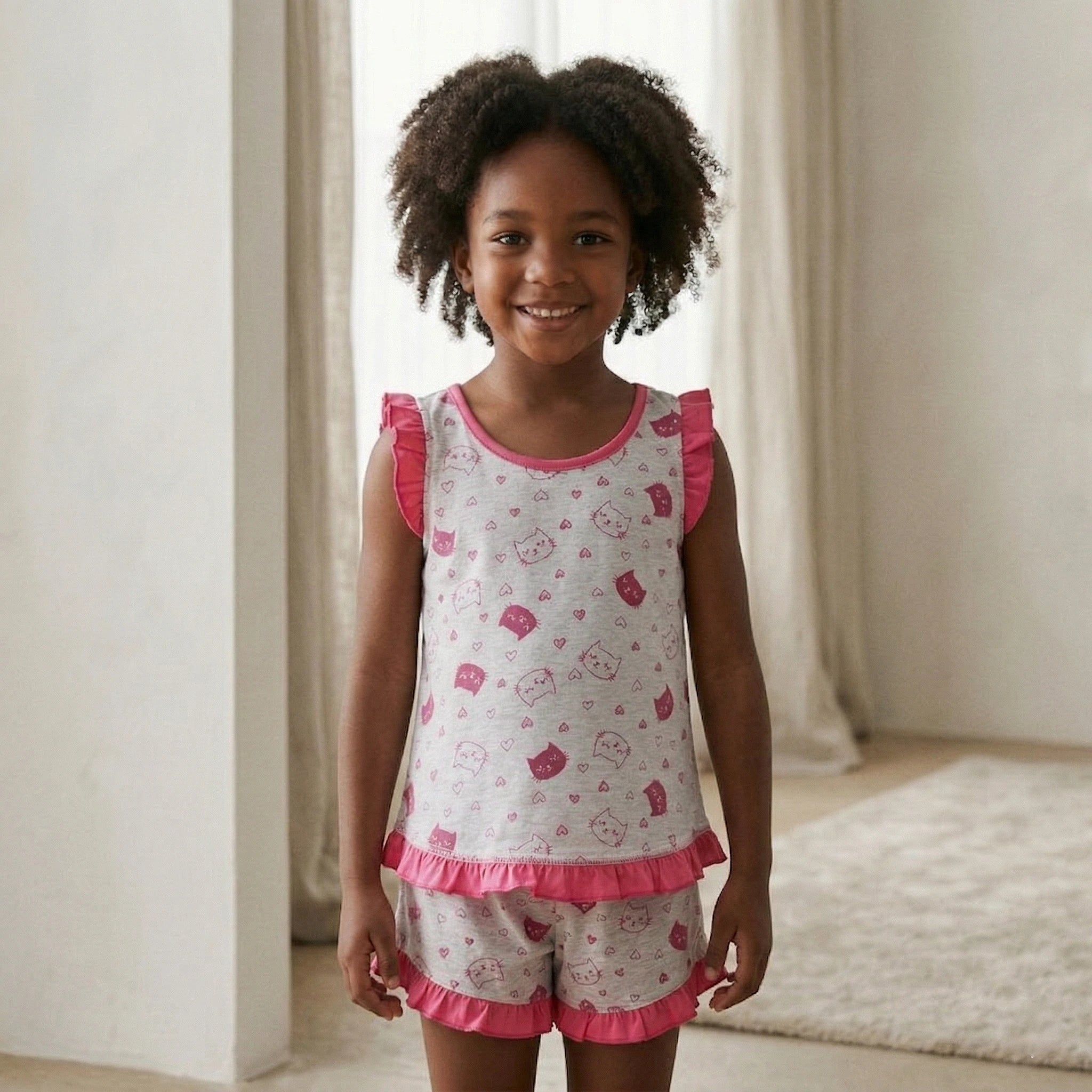 Pijama Regata Feminino Infantil - Estampa Gatinhos Cinza e Pink - 023018