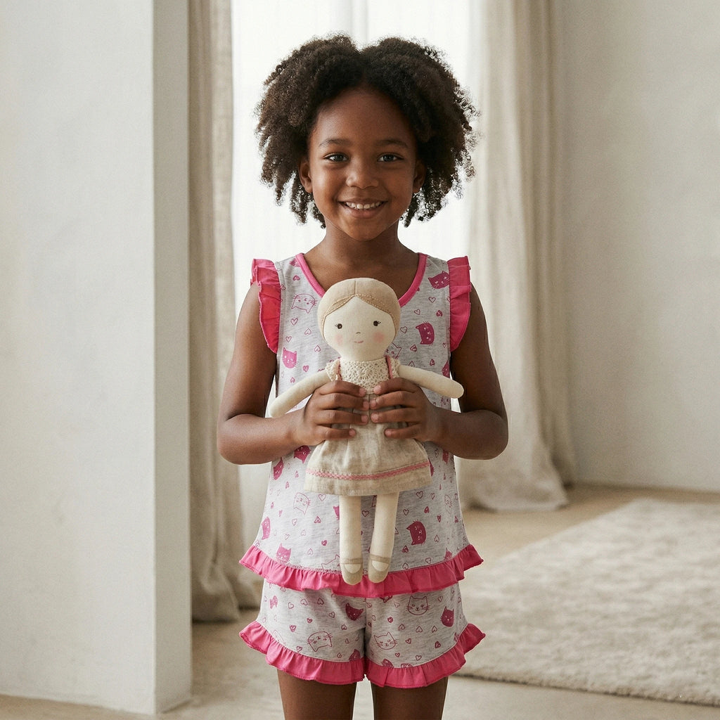Pijama Regata Feminino Infantil - Estampa Gatinhos Cinza e Pink - 023018