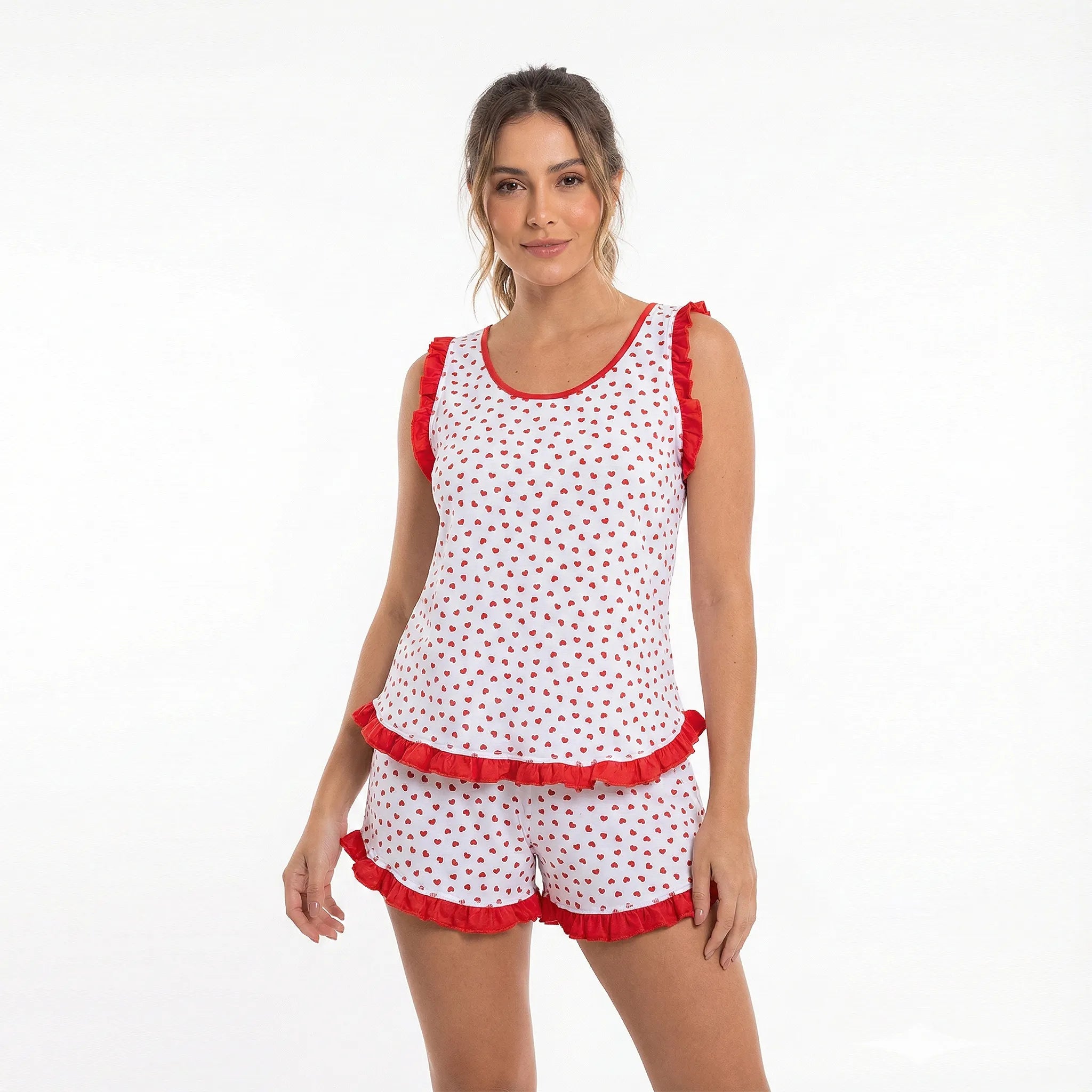 Pijama Regata Feminino Adulto Babado Estampado de Poá Coração Vermelho