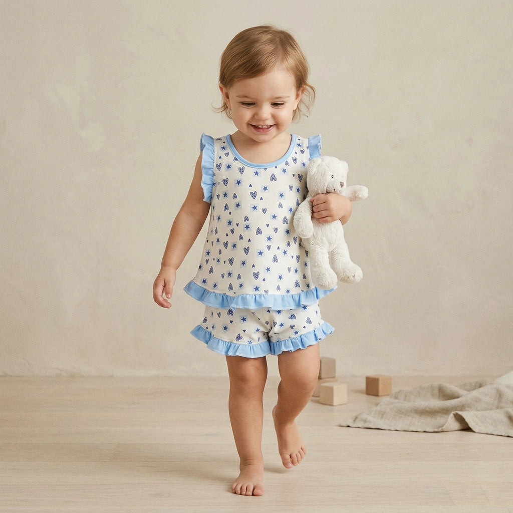 Pijama Regata Feminino Infantil - Coração e Estrela Azul Bebê- 023019