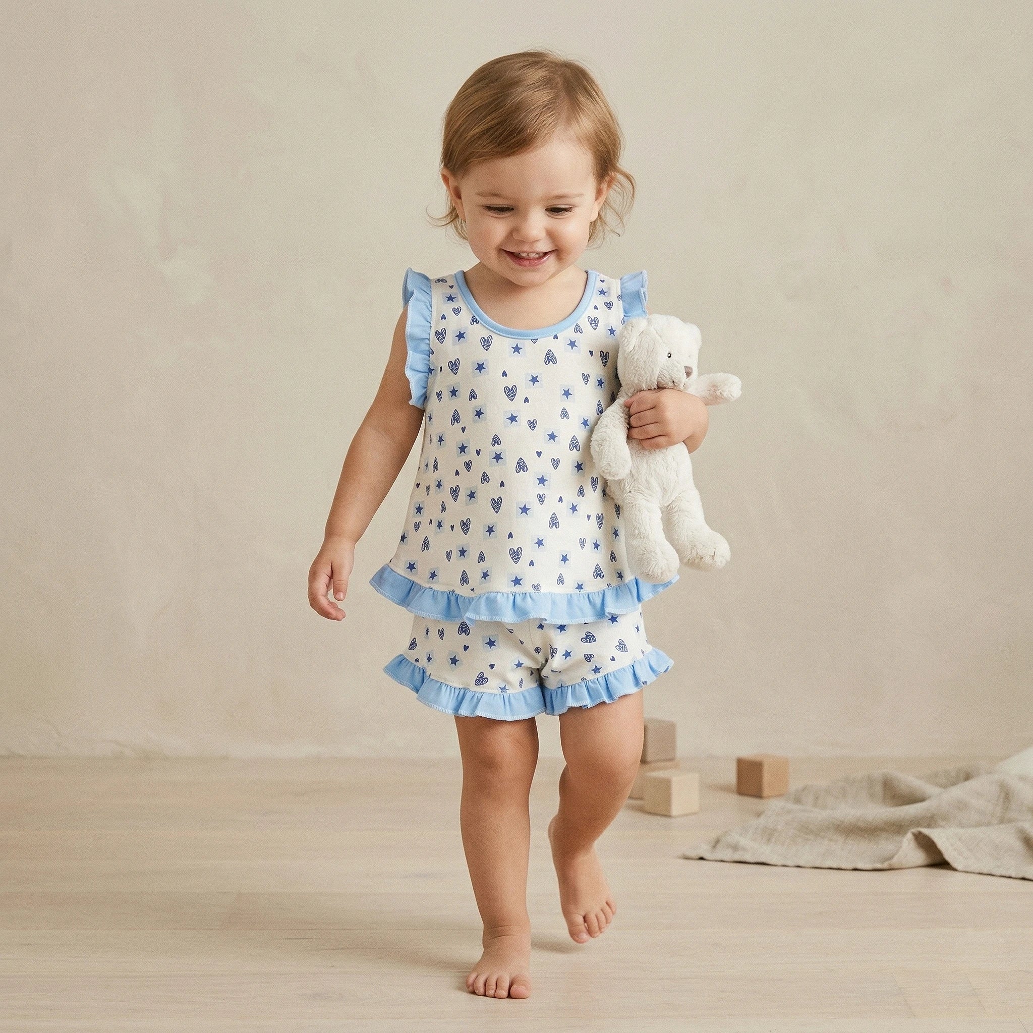 Pijama Regata Feminino Infantil - Coração e Estrela Azul Bebê- 023019