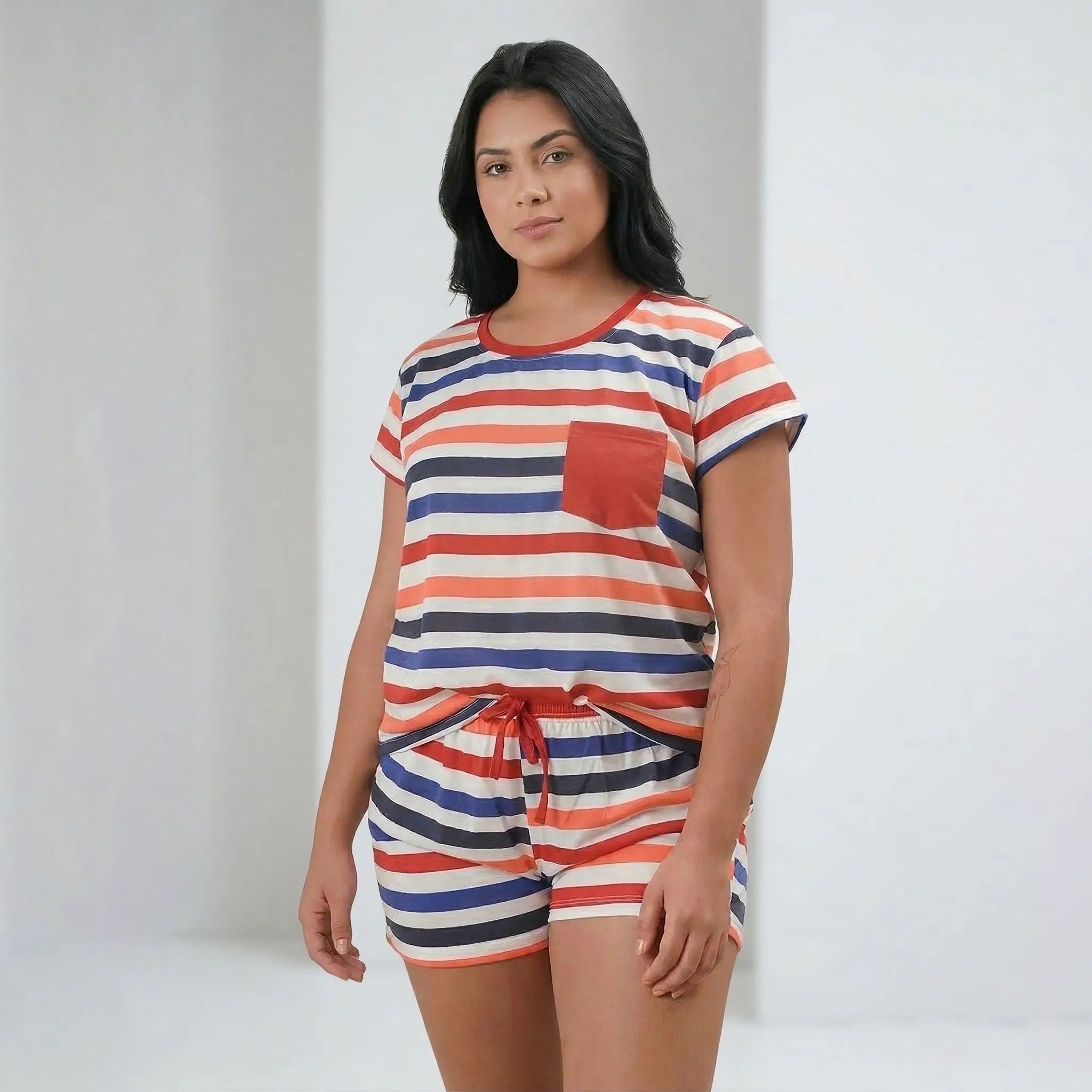 Pijama Camiseta Fem. Adulto Bolso - Listras Vinho - 00811