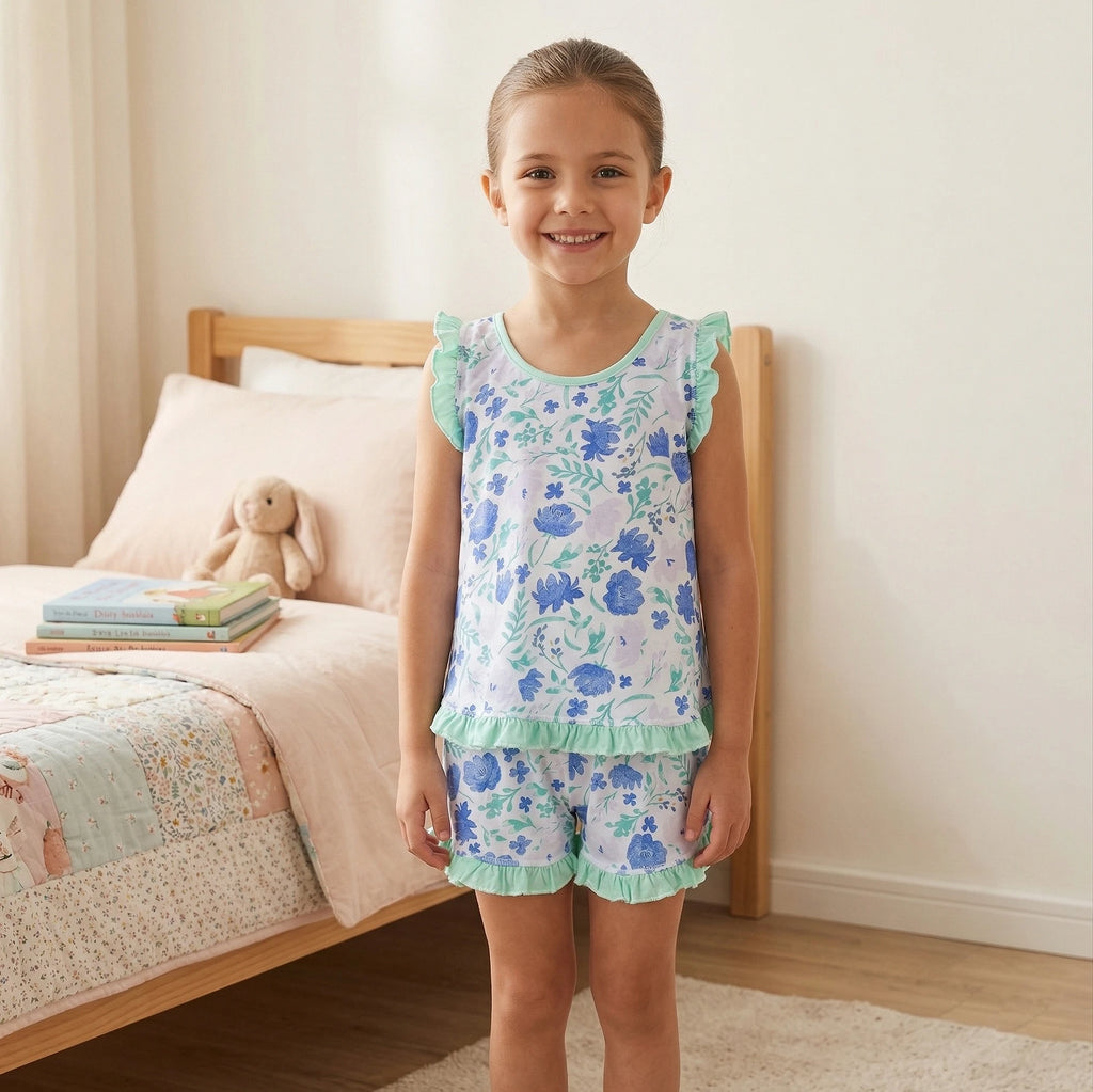 Pijama Regata Feminino Infantil - Estampa Floral Verde - 023017