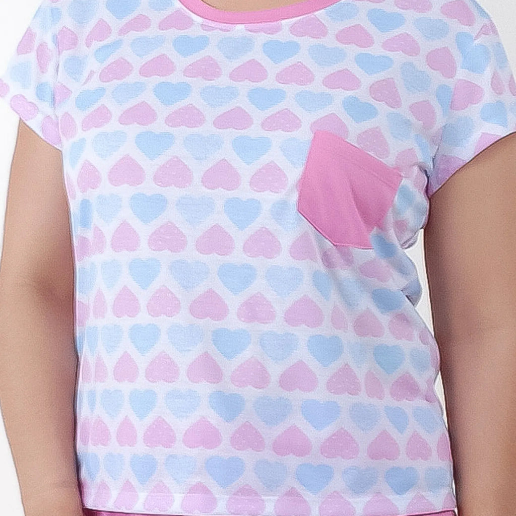 Pijama Camiseta Fem. Adulto Bolso - Corações Azul e Rosa - 00805