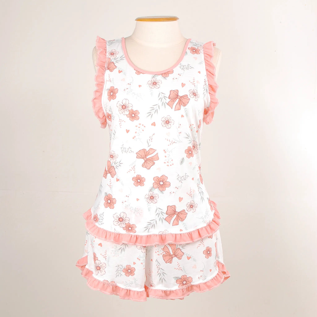 Pijama Regata Feminino Adulto Babado Estampado Floral Laços Salmão 00106