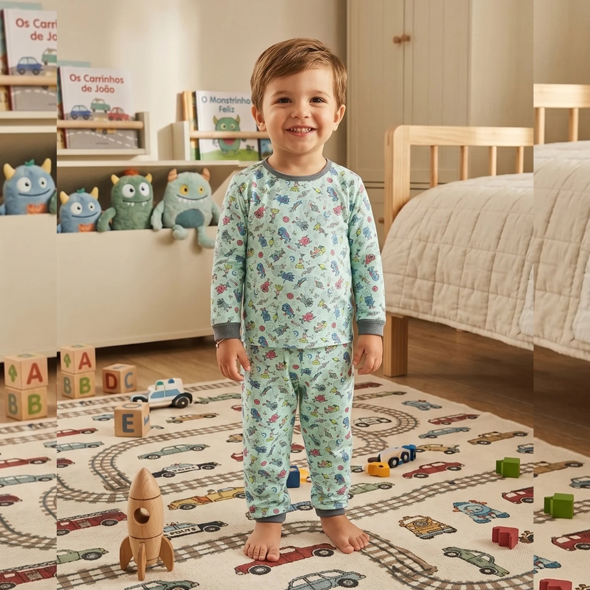 Pijama Longo Masculino Infantil - Estampa Extra-Terrestres Verde - 028009