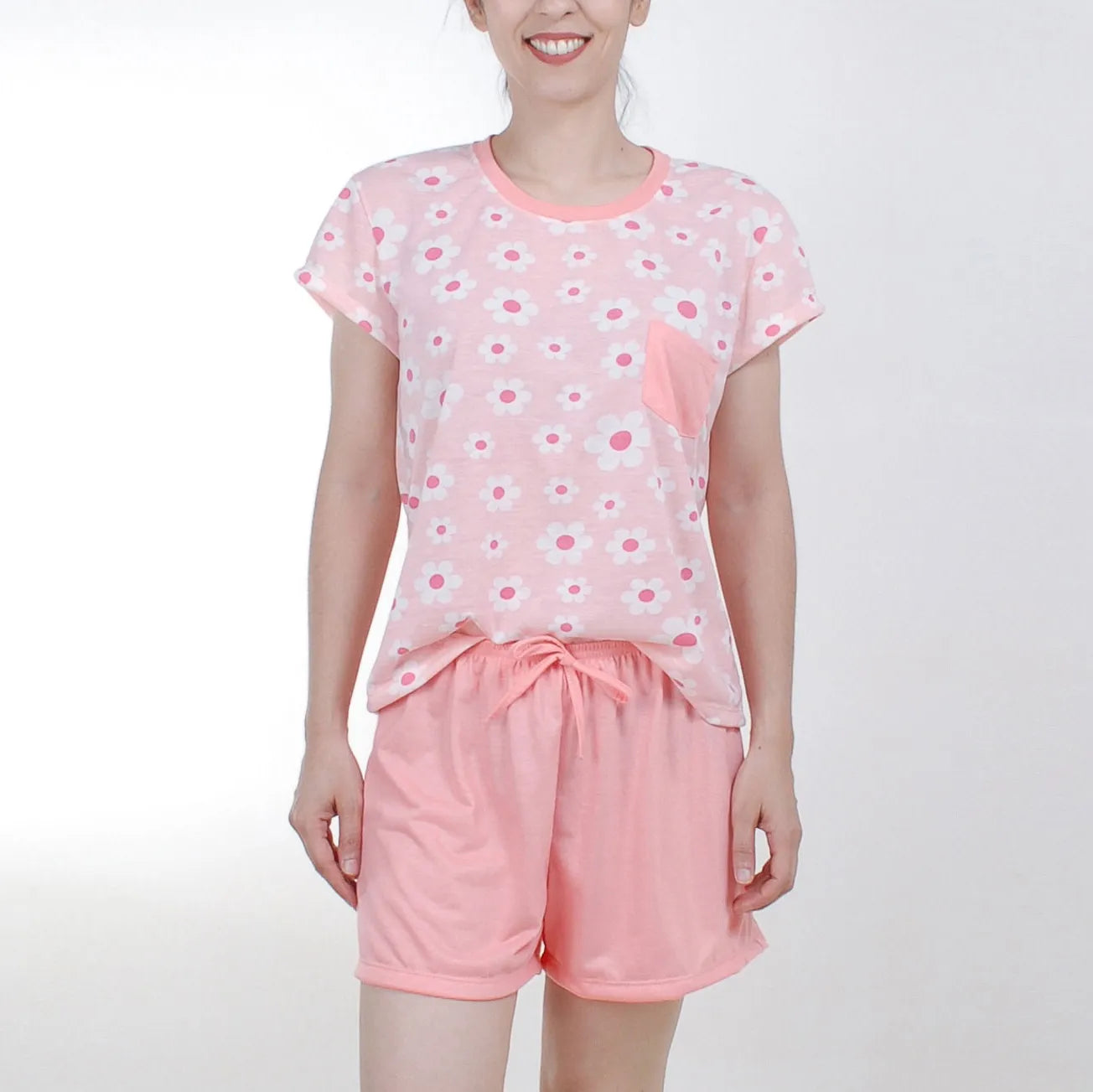 Pijama Camiseta Fem. Adulto Bolso - Flores Salmão - 00803