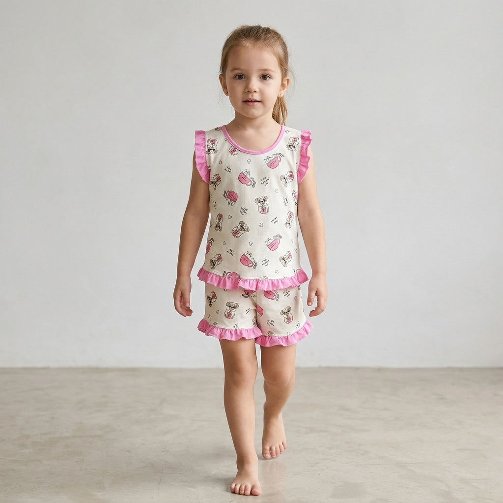Pijama Regata Feminino Infantil - Estampa Cachorrinho Pug Rosa - 023002