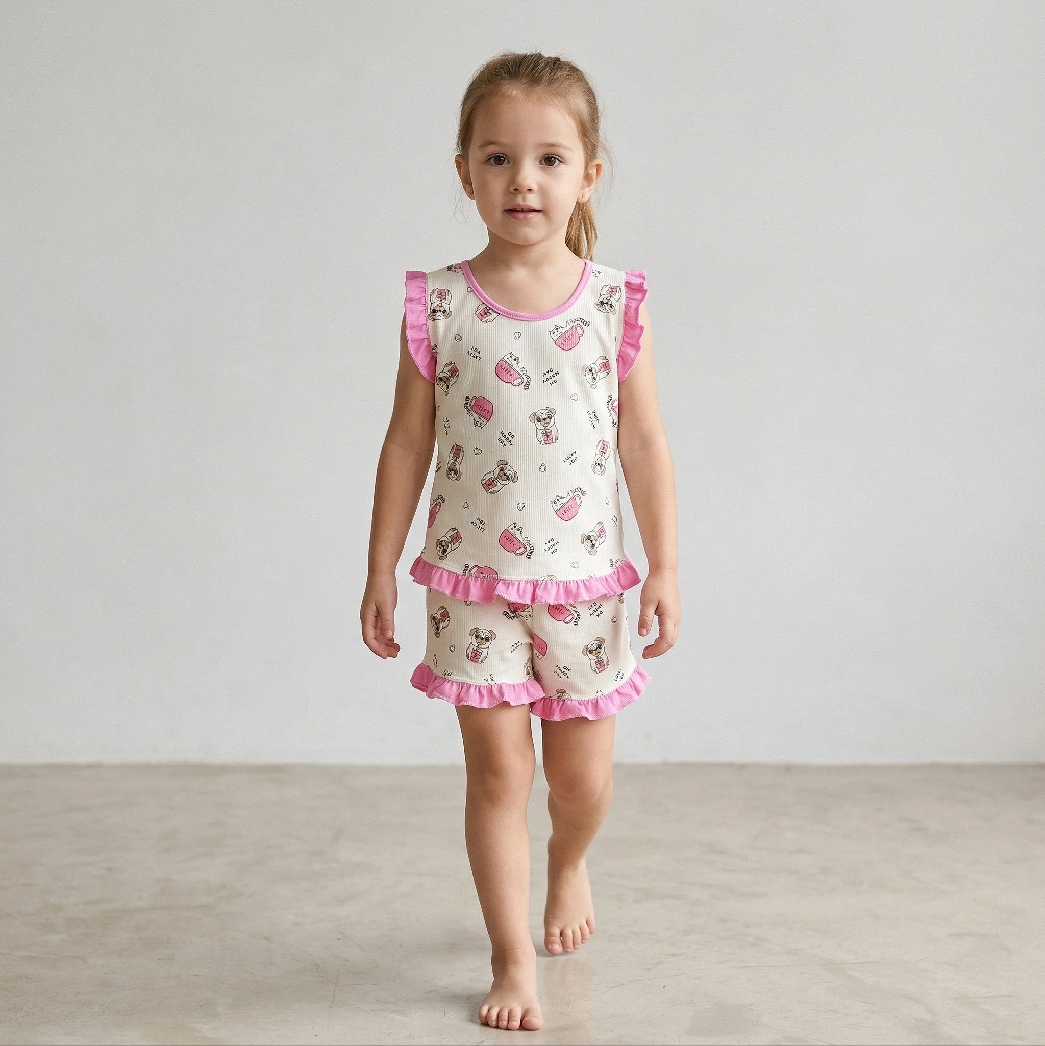 Pijama Regata Feminino Infantil - Estampa Cachorrinho Pug Rosa - 023002