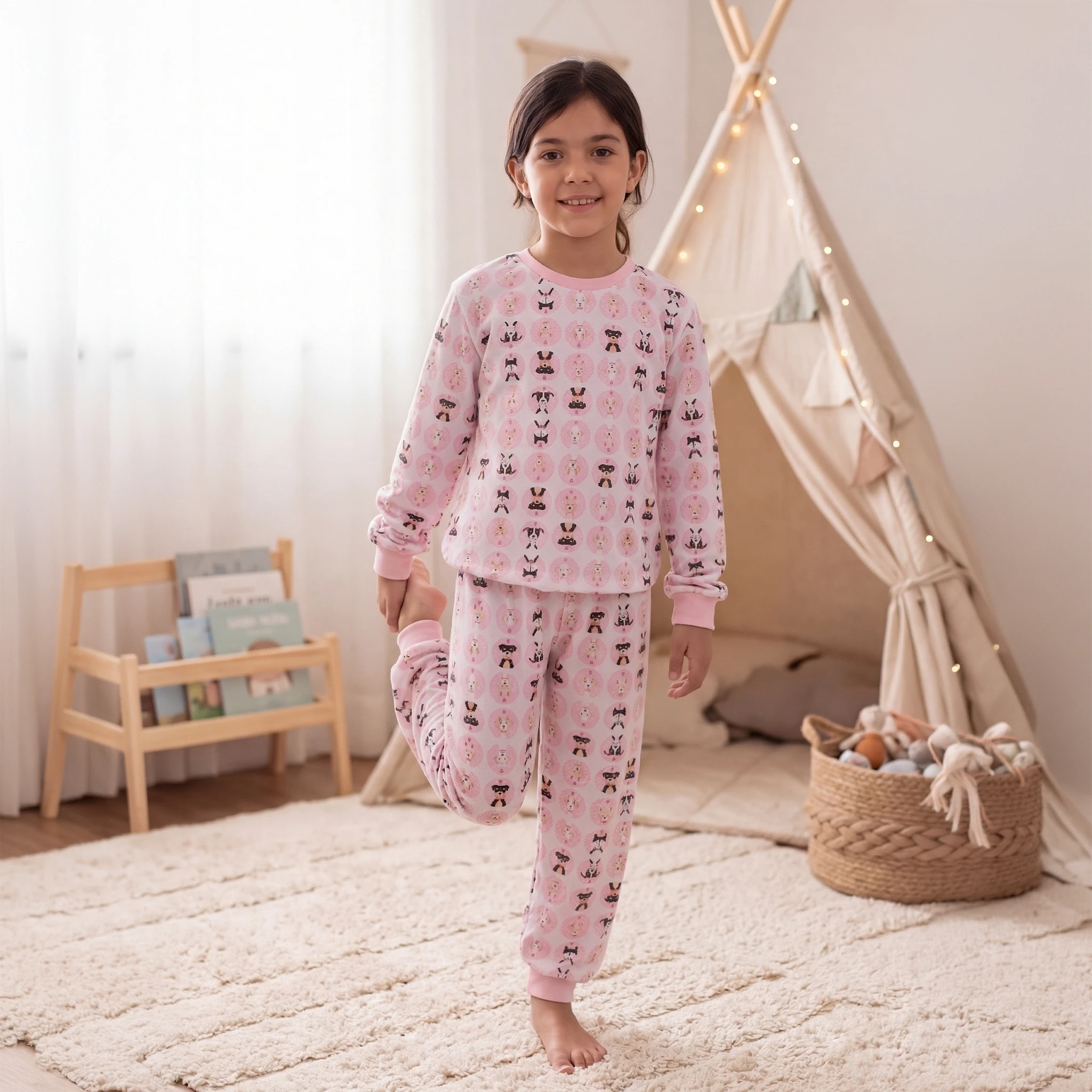 Pijama Longo Feminino Infantil - Estampa Cachorrinho Rosa - 024005