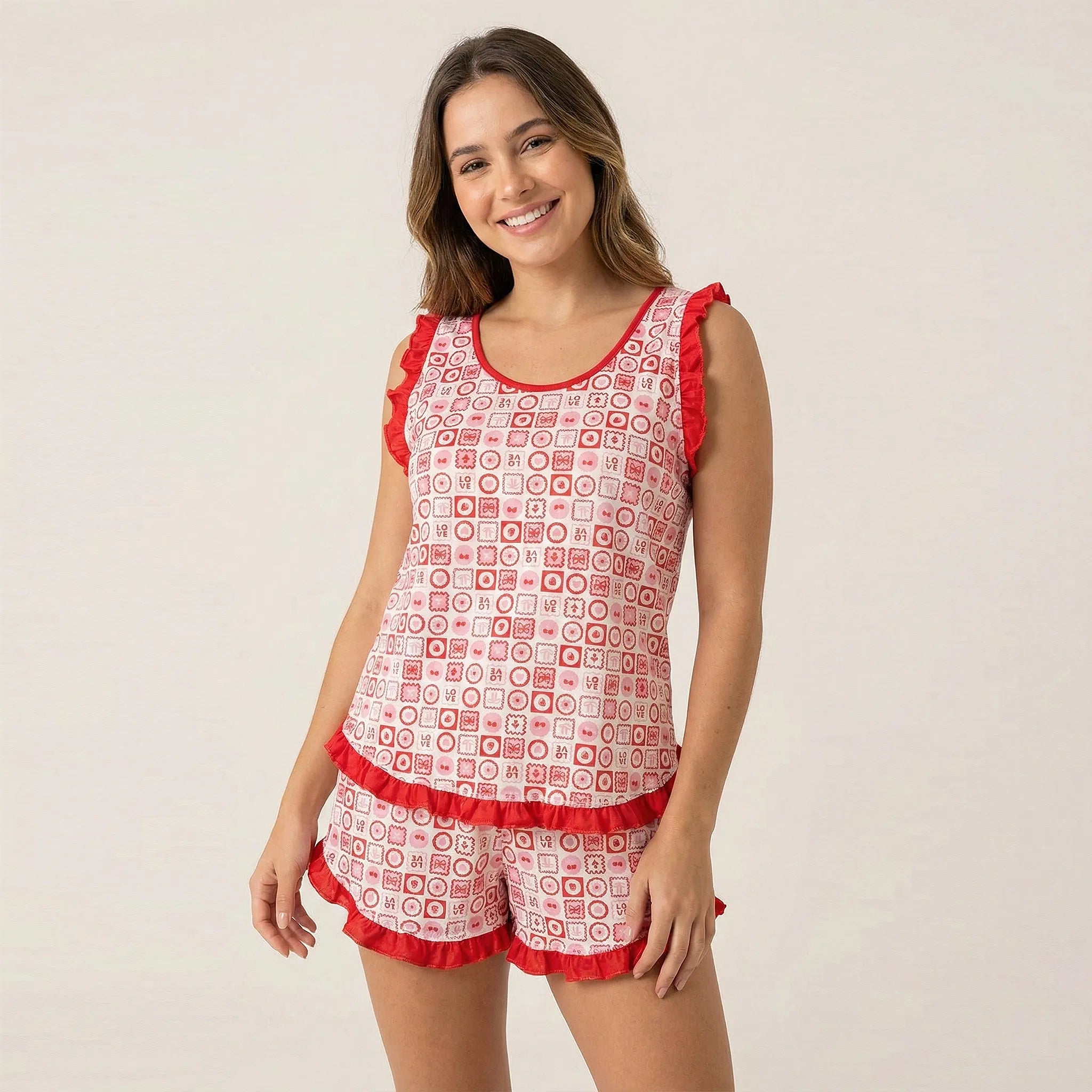 Pijama Regata Feminino Adulto Babado Estampado Selos
