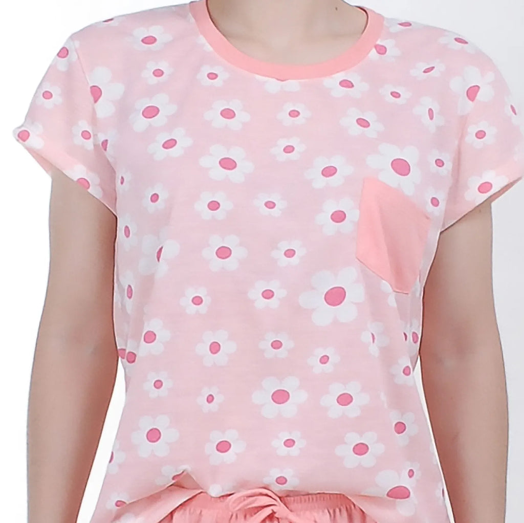 Pijama Camiseta Fem. Adulto Bolso - Flores Salmão - 00803