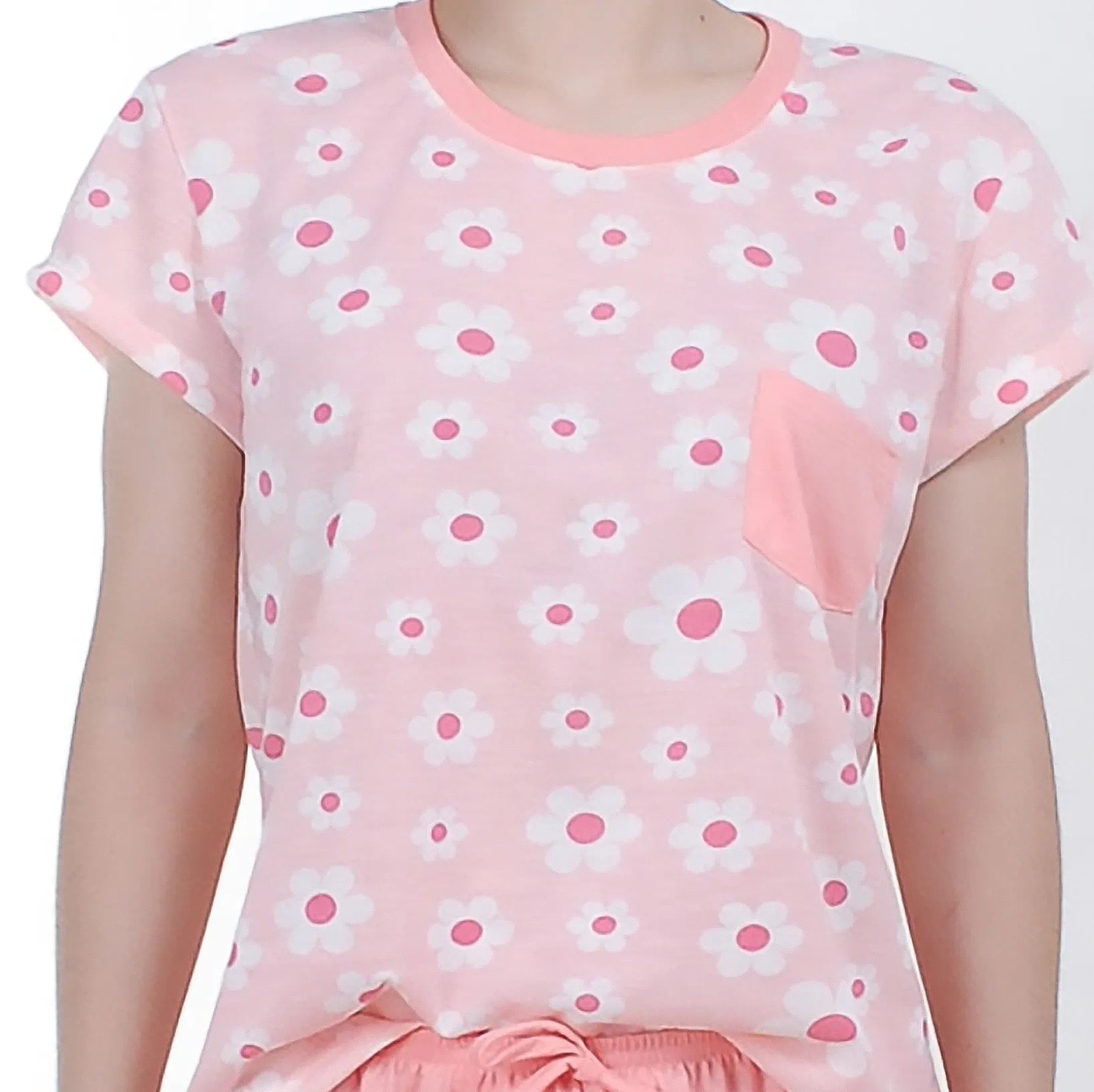 Pijama Camiseta Fem. Adulto Bolso - Flores Salmão - 00803