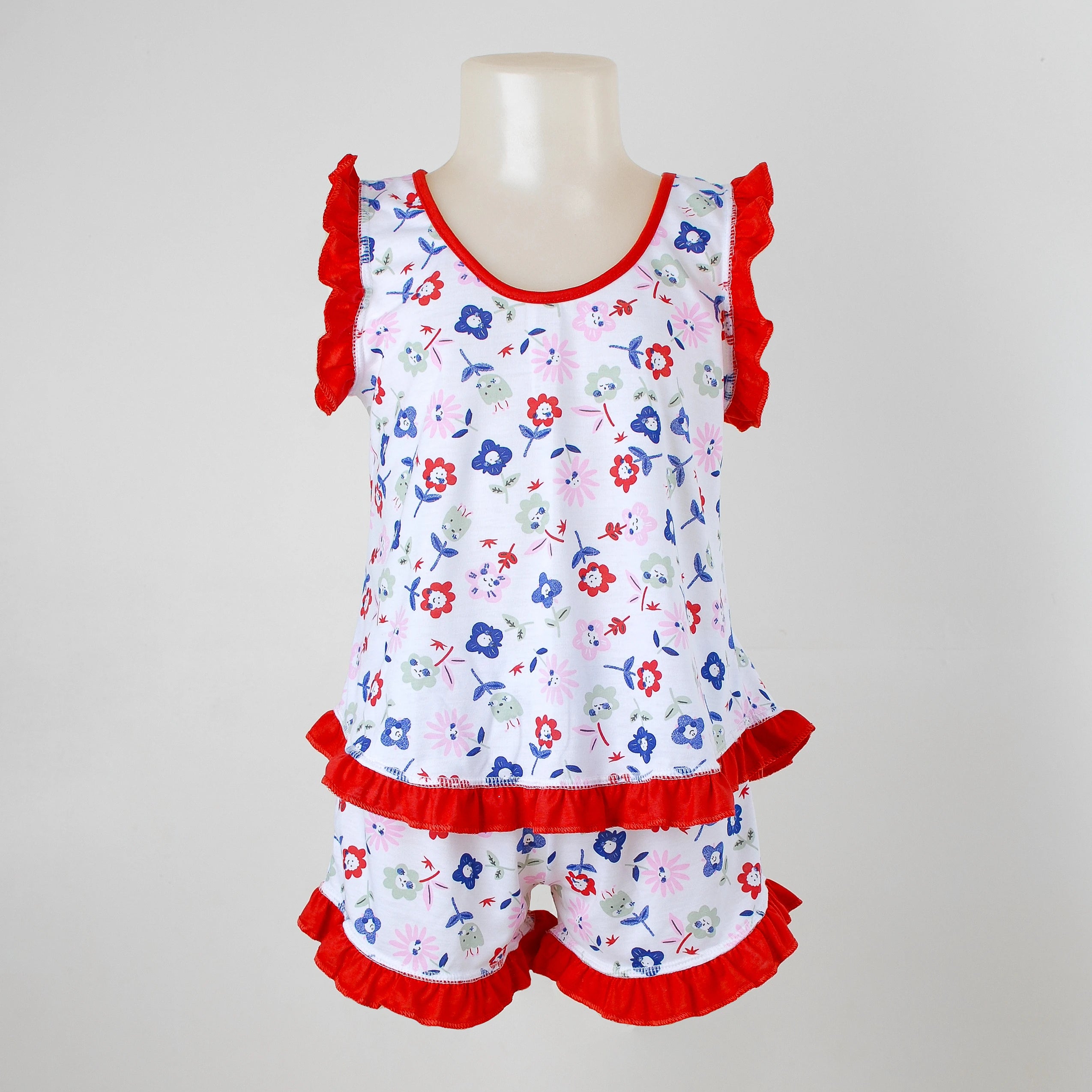 Pijama Regata Feminino Infantil - Estampa Floral Emoji Vermelho - 023014